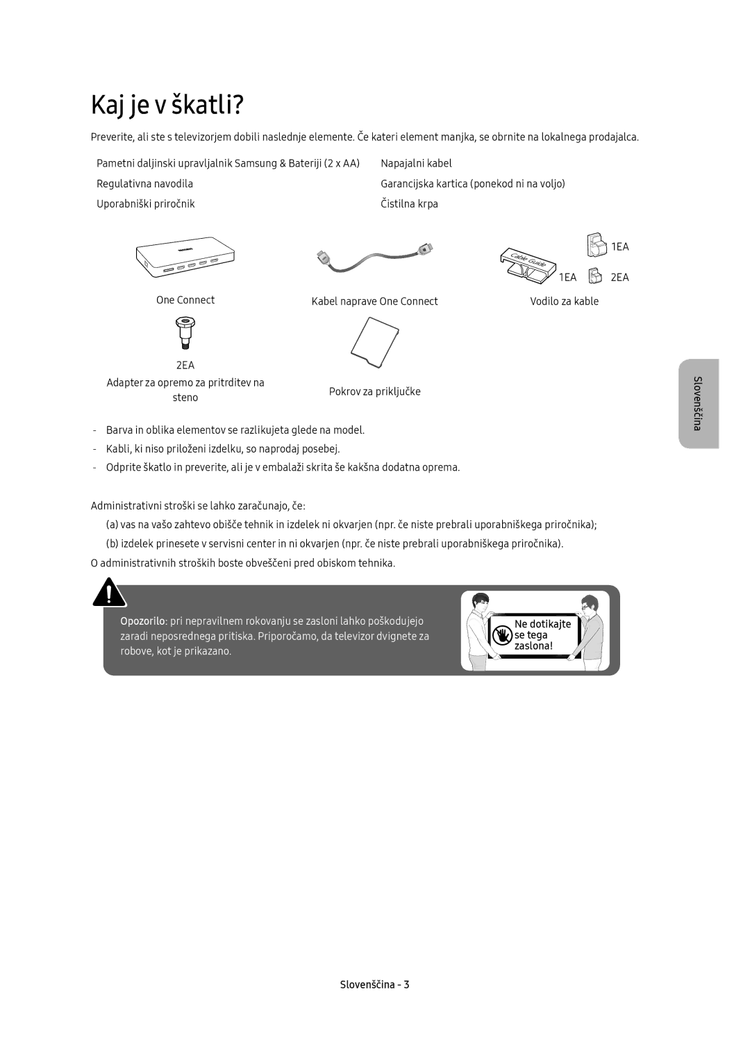 Samsung UE65KS8000LXXH, UE55KS8002TXXH, UE49KS8000LXXH, UE49KS8002TXXH, UE55KS8000LXXH manual Kaj je v škatli?, Vodilo za kable 