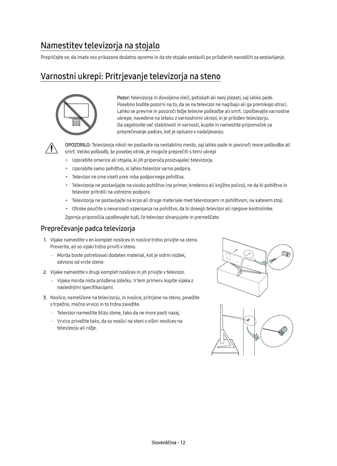 Samsung UE55KS8002TXXH manual Namestitev televizorja na stojalo, Varnostni ukrepi Pritrjevanje televizorja na steno 