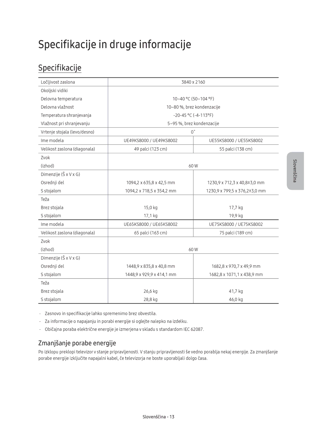 Samsung UE49KS8000LXXH, UE55KS8002TXXH, UE49KS8002TXXH manual Specifikacije in druge informacije, Zmanjšanje porabe energije 