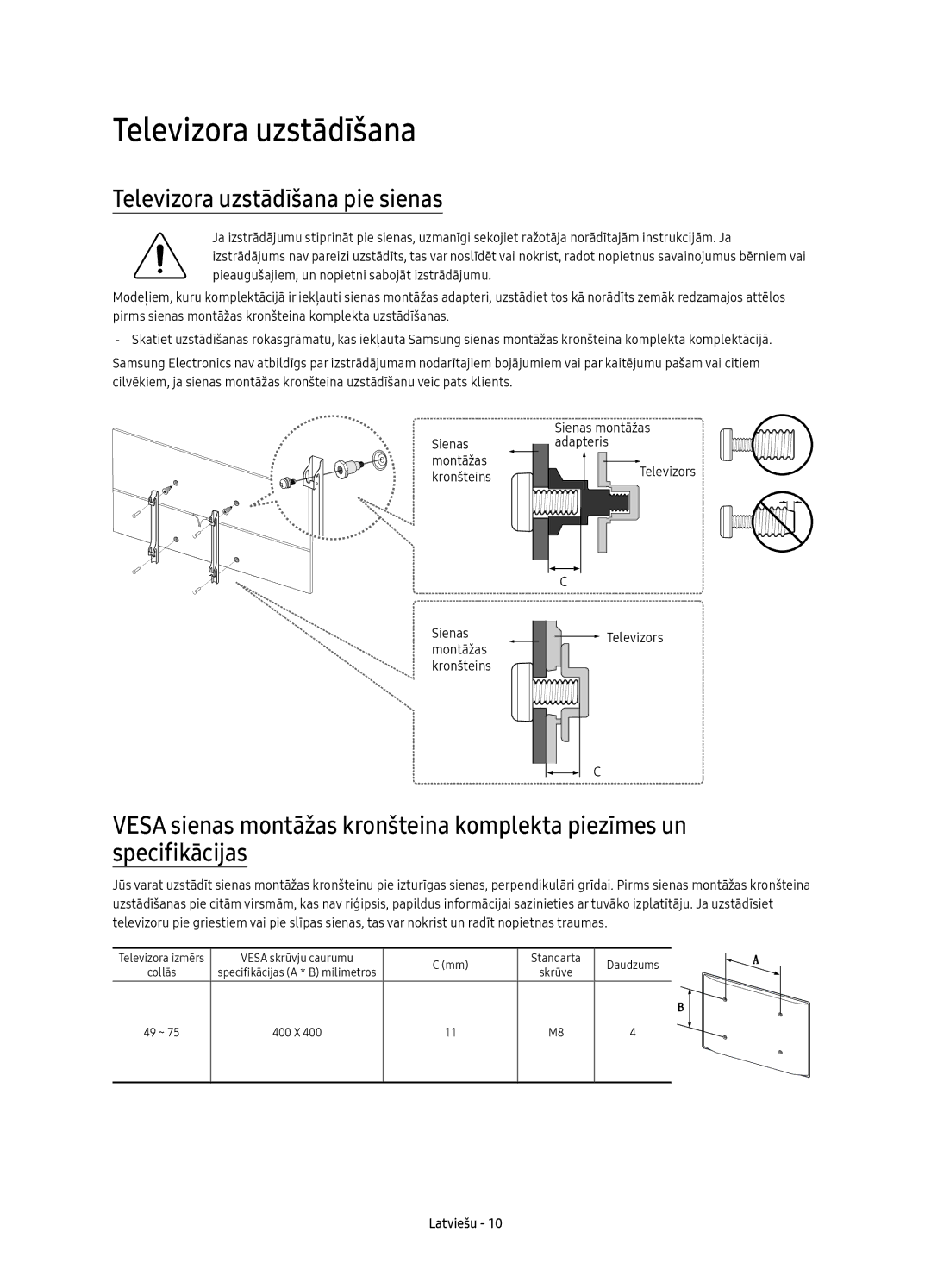 Samsung UE55KS8002TXXH, UE49KS8000LXXH, UE49KS8002TXXH, UE65KS8000LXXH, UE55KS8000LXXH Televizora uzstādīšana pie sienas 