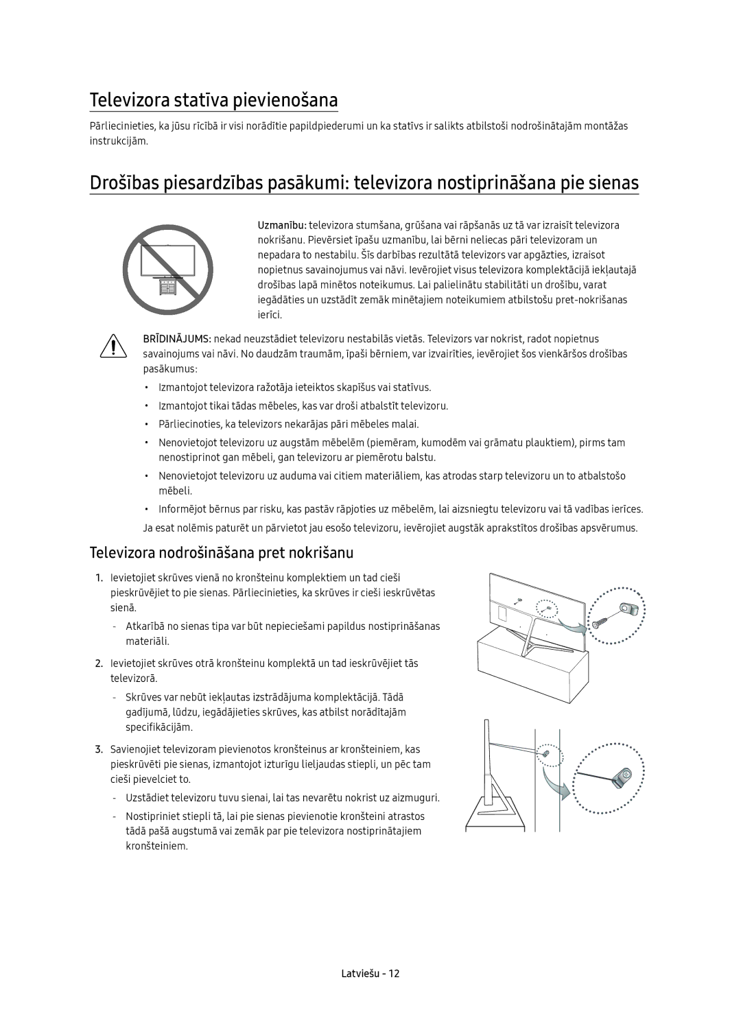 Samsung UE49KS8002TXXH, UE55KS8002TXXH manual Televizora statīva pievienošana, Televizora nodrošināšana pret nokrišanu 