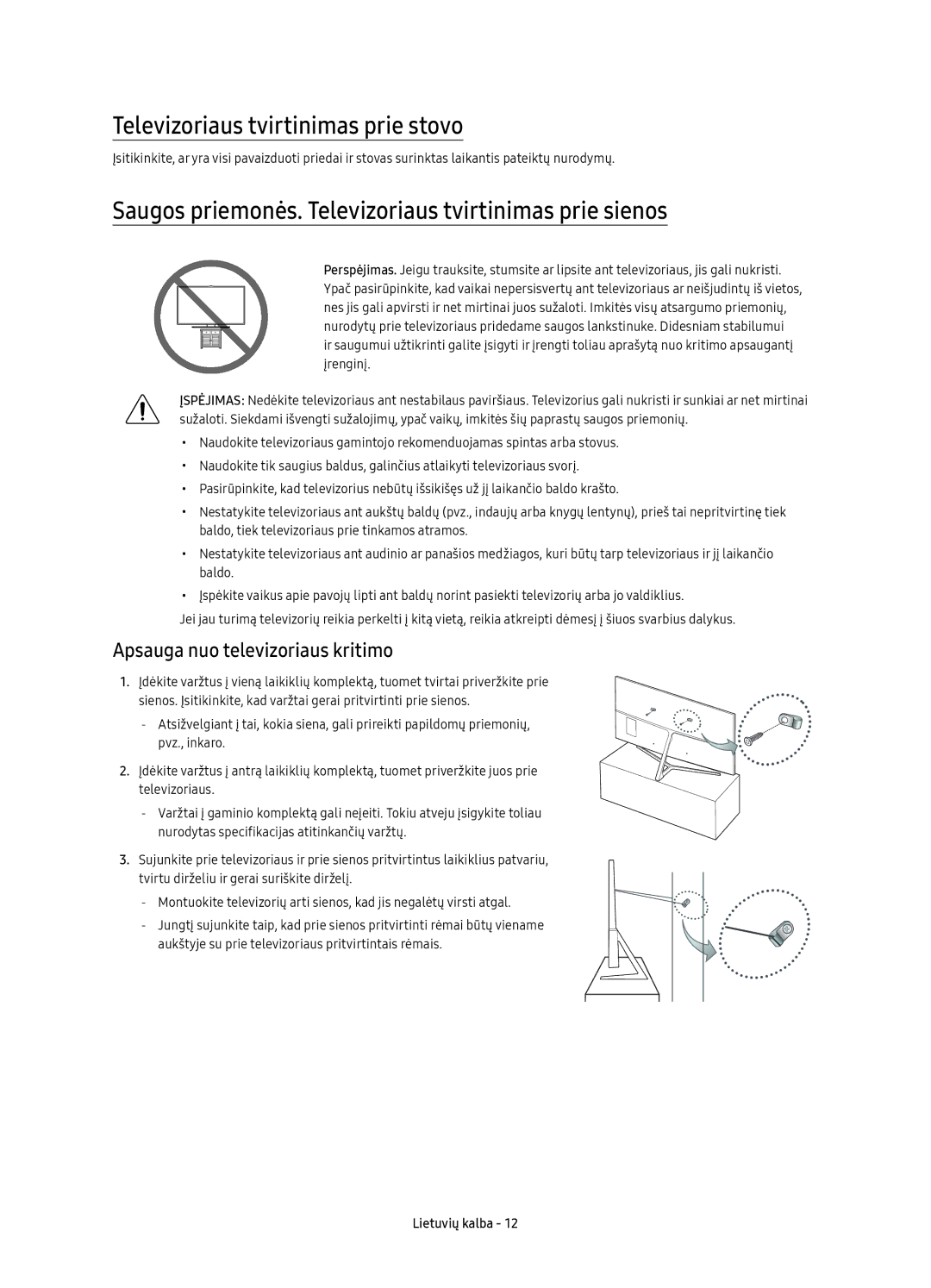 Samsung UE55KS8000LXXH manual Televizoriaus tvirtinimas prie stovo, Saugos priemonės. Televizoriaus tvirtinimas prie sienos 