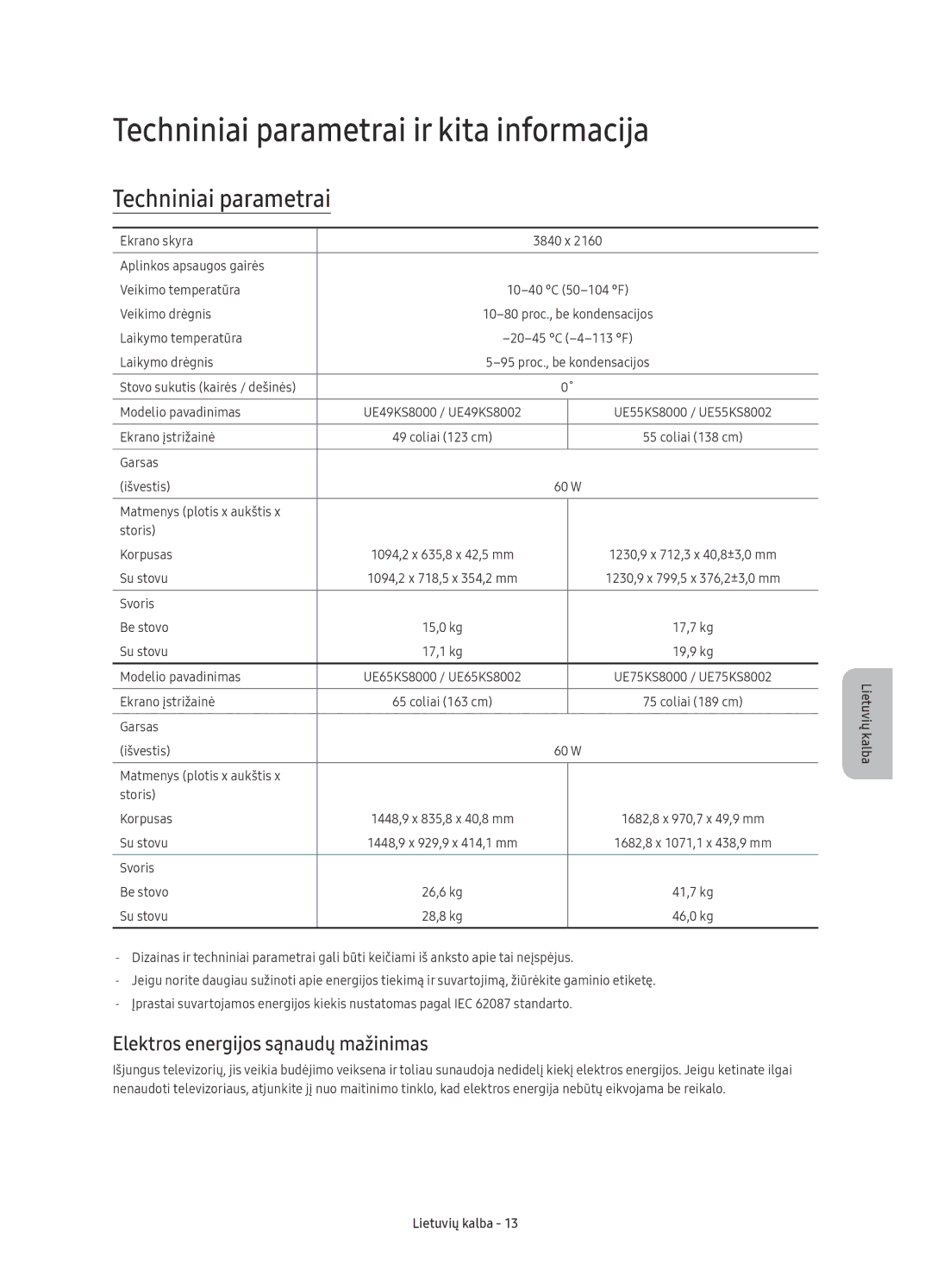 Samsung UE65KS8002TXXH, UE55KS8002TXXH Techniniai parametrai ir kita informacija, Elektros energijos sąnaudų mažinimas 