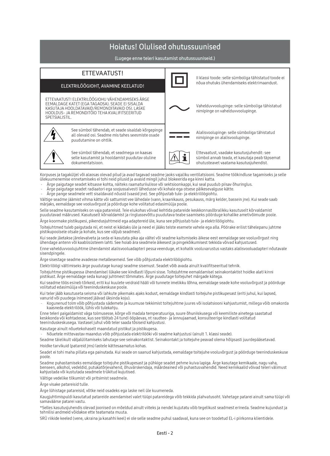 Samsung UE55KS8000LXXN, UE55KS8002TXXH manual Hoiatus! Olulised ohutussuunised, ELEKTRILÖÖGIOHT, Avamine Keelatud, Eesti 