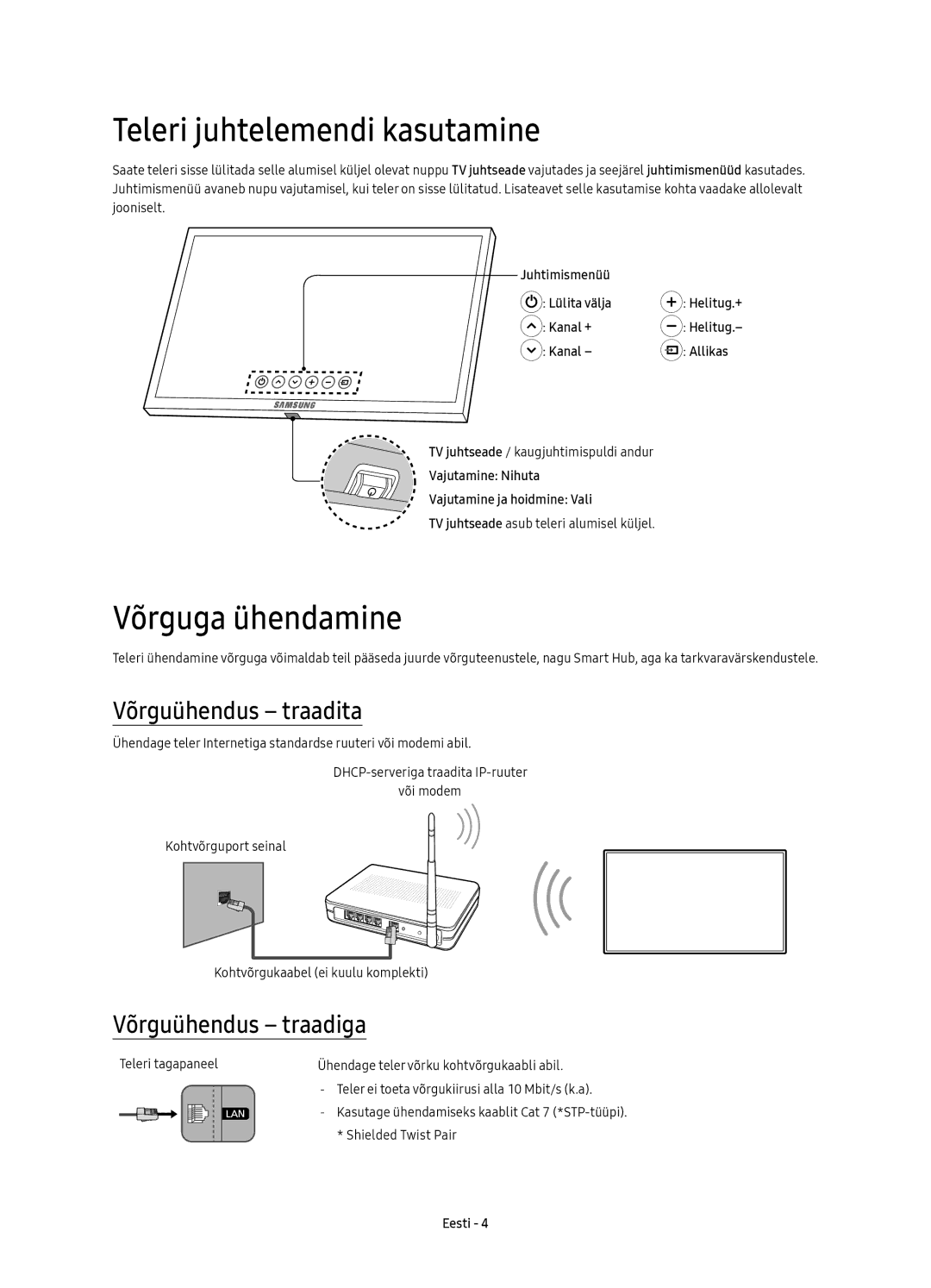 Samsung UE49KS8000LXXN Teleri juhtelemendi kasutamine, Võrguga ühendamine, Võrguühendus traadita, Võrguühendus traadiga 