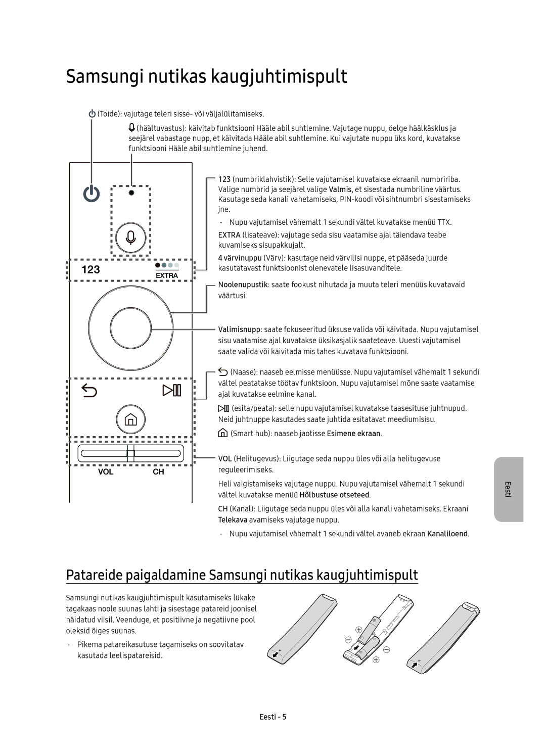 Samsung UE65KS8000LXXN, UE55KS8002TXXH, UE49KS8000LXXH manual Patareide paigaldamine Samsungi nutikas kaugjuhtimispult 