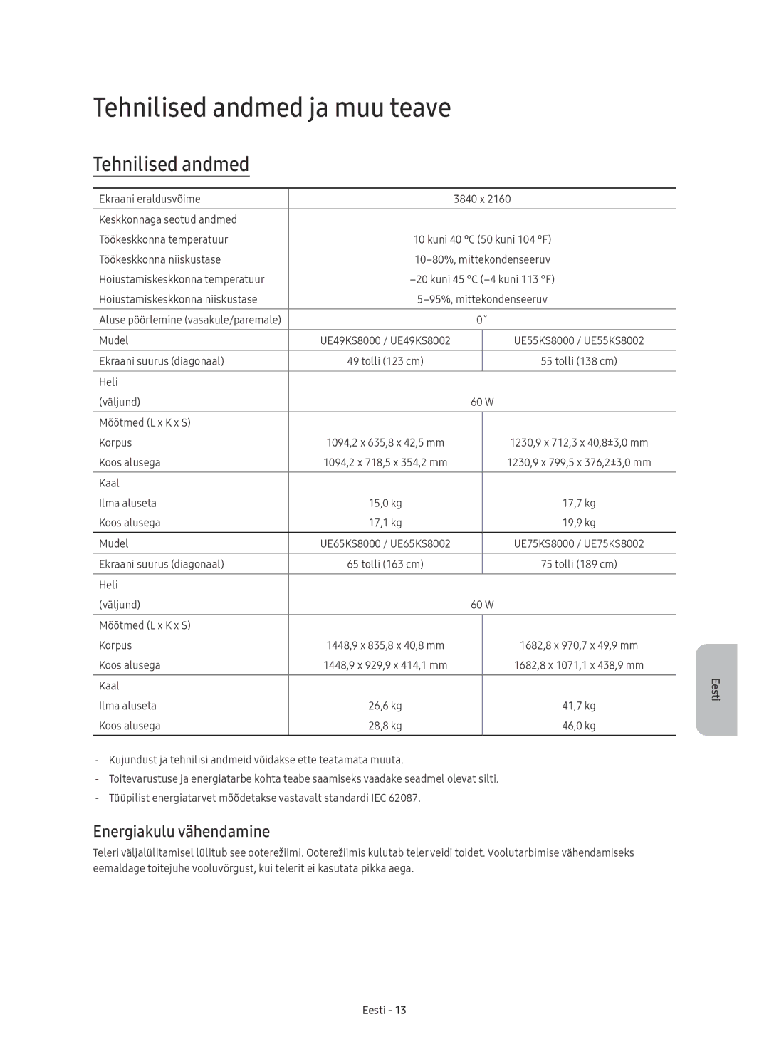 Samsung UE75KS8002TXXH, UE55KS8002TXXH, UE49KS8000LXXH manual Tehnilised andmed ja muu teave, Energiakulu vähendamine 