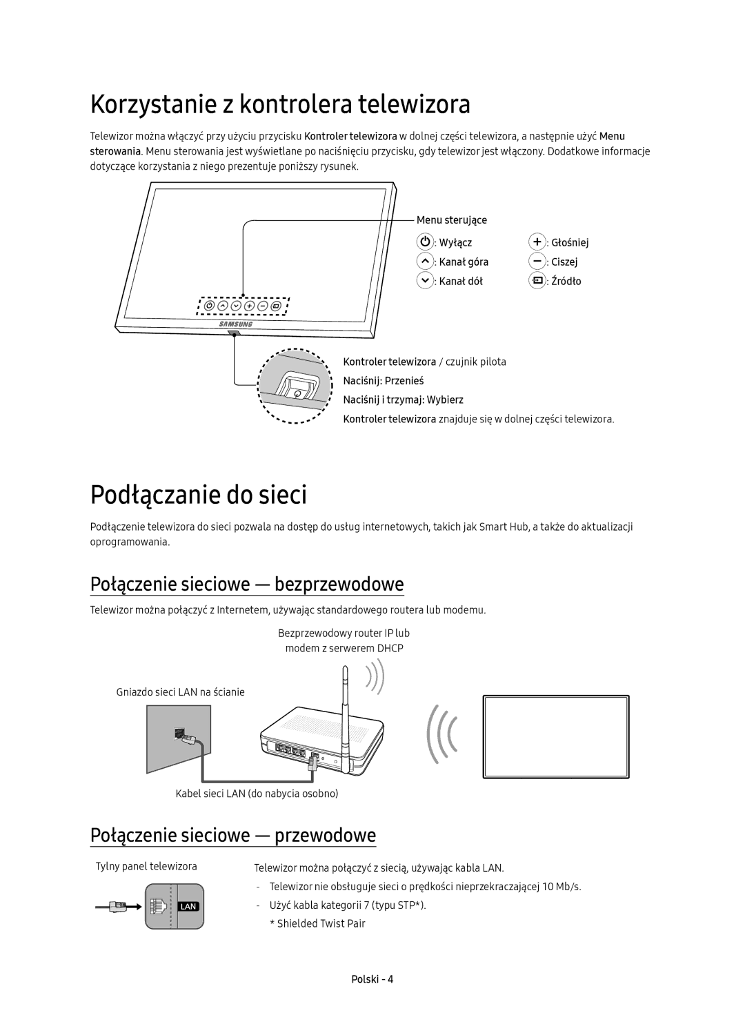 Samsung UE55KS8000LXXN manual Korzystanie z kontrolera telewizora, Podłączanie do sieci, Połączenie sieciowe bezprzewodowe 