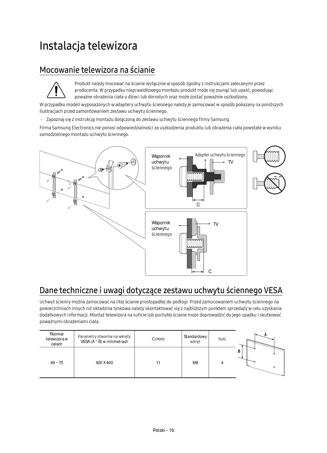 Samsung UE49KS8002TXXH, UE55KS8002TXXH, UE49KS8000LXXH manual Instalacja telewizora, Mocowanie telewizora na ścianie 