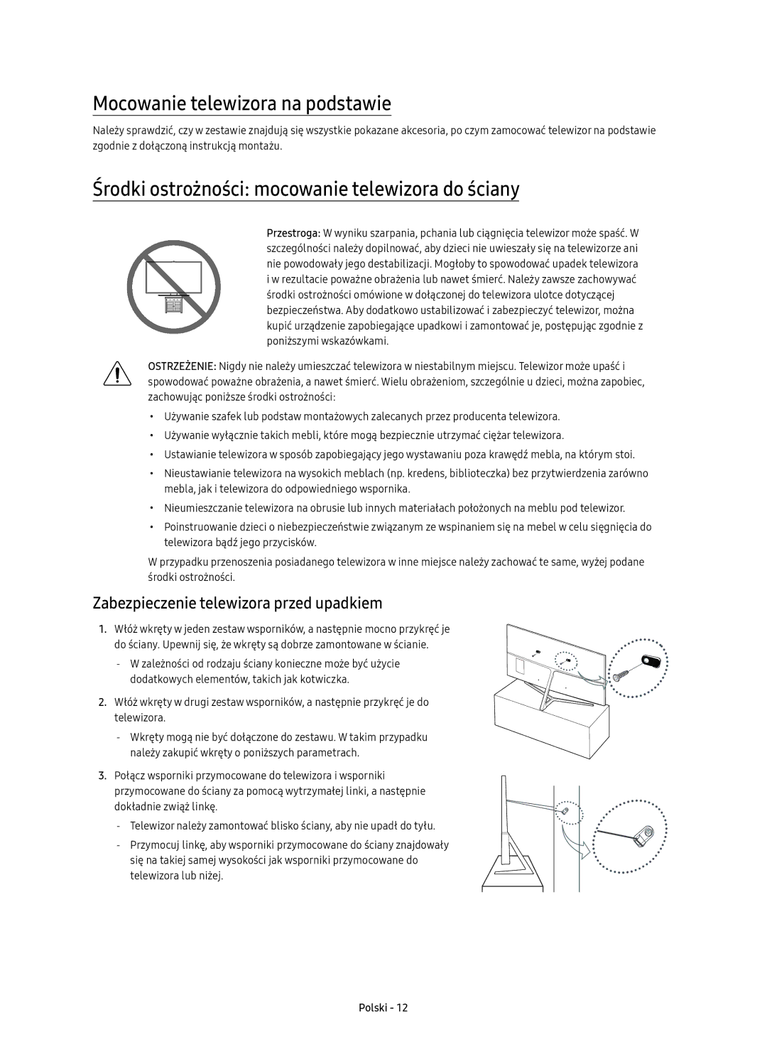 Samsung UE55KS8000LXXH manual Mocowanie telewizora na podstawie, Środki ostrożności mocowanie telewizora do ściany 