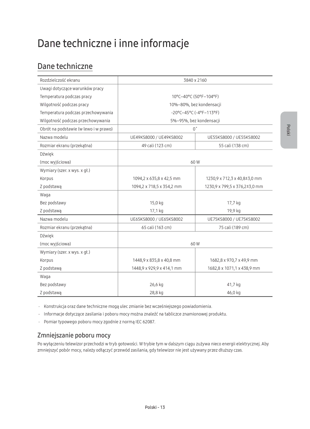 Samsung UE65KS8002TXXH, UE55KS8002TXXH, UE49KS8000LXXH manual Dane techniczne i inne informacje, Zmniejszanie poboru mocy 