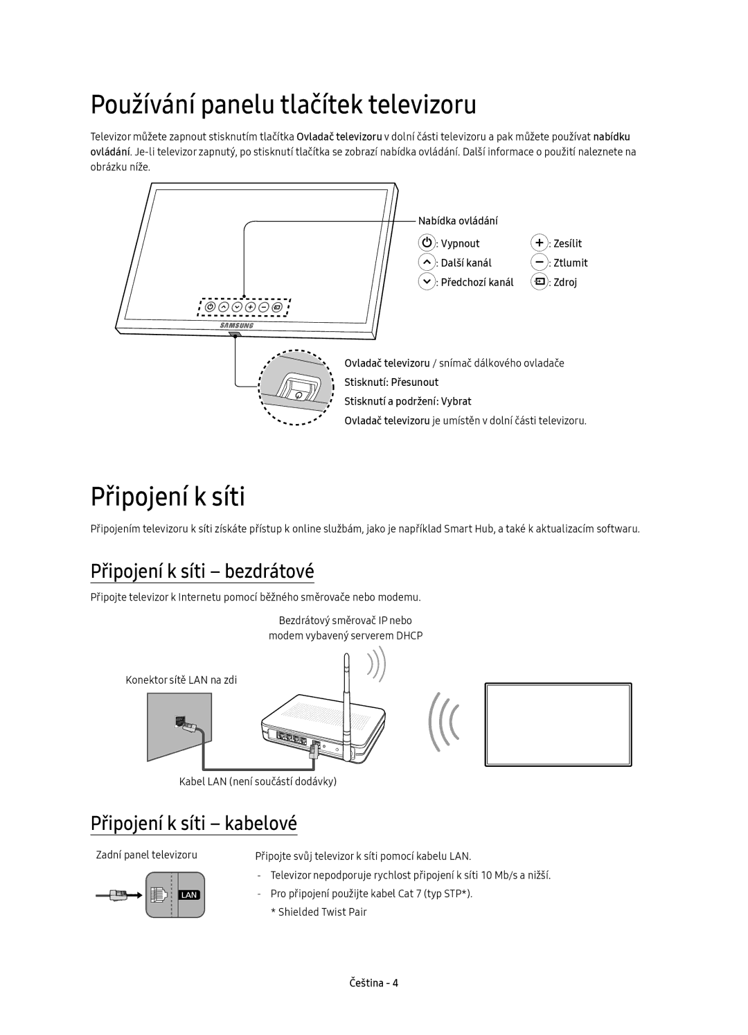 Samsung UE55KS8000LXXH Používání panelu tlačítek televizoru, Připojení k síti bezdrátové, Připojení k síti kabelové 