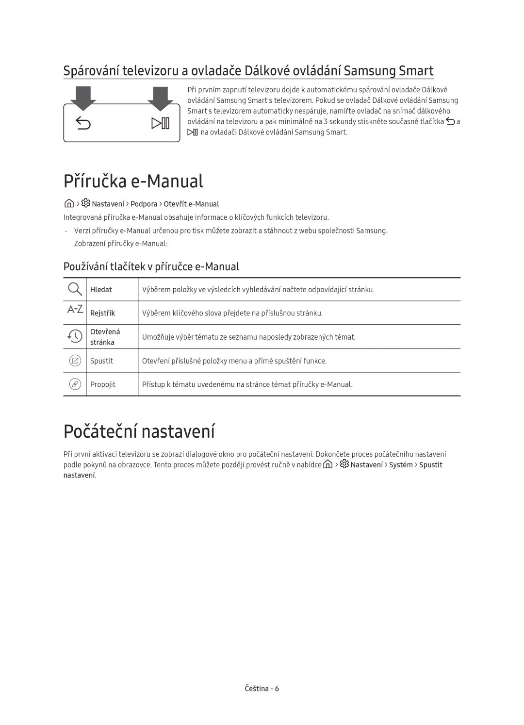 Samsung UE75KS8000LXXH, UE55KS8002TXXH manual Příručka e-Manual, Počáteční nastavení, Používání tlačítek v příručce e-Manual 