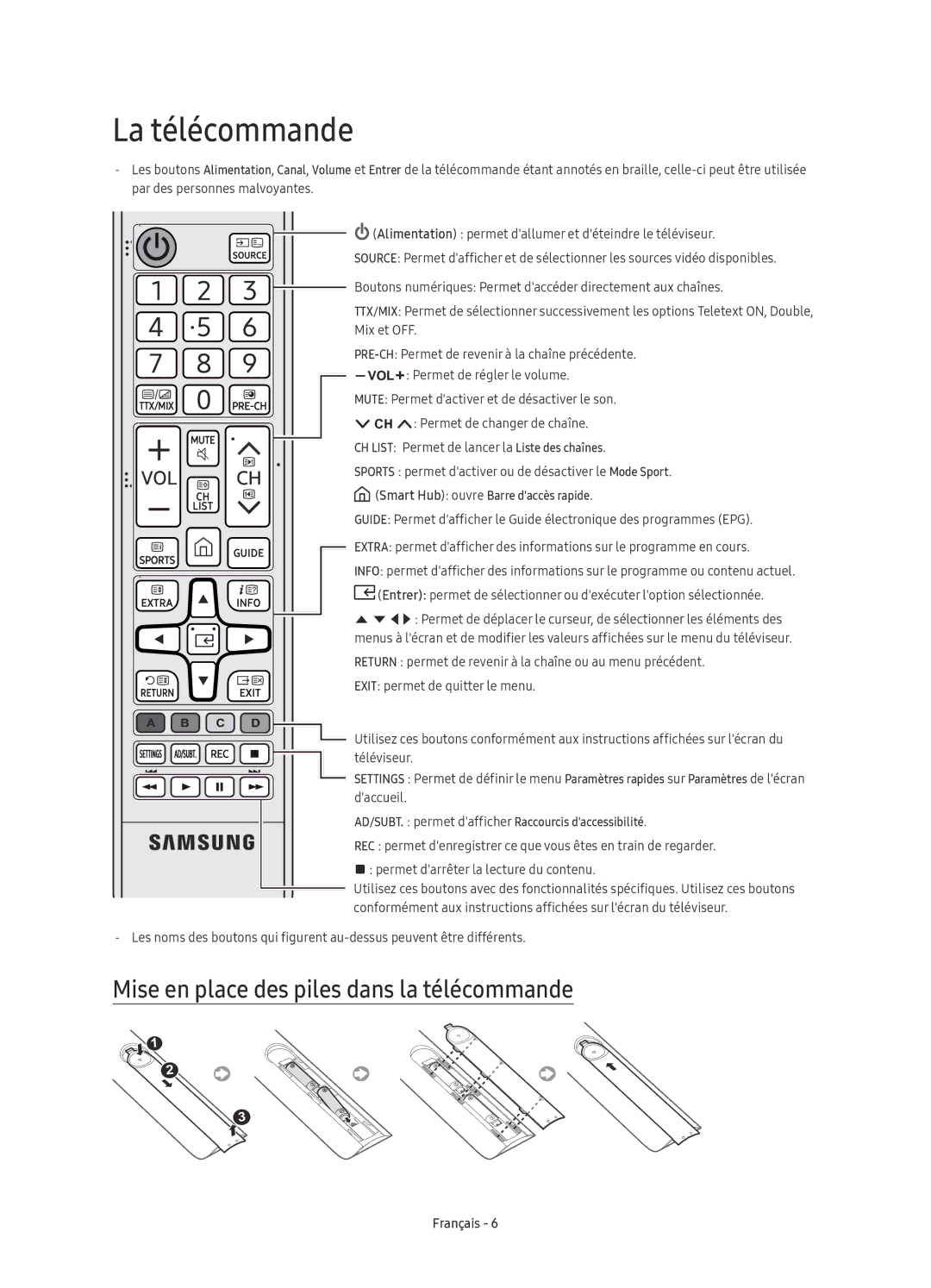 Samsung UE49KS9000TXXC, UE55KS9000TXXC, UE65KS9000TXXC manual La télécommande, Mise en place des piles dans la télécommande 