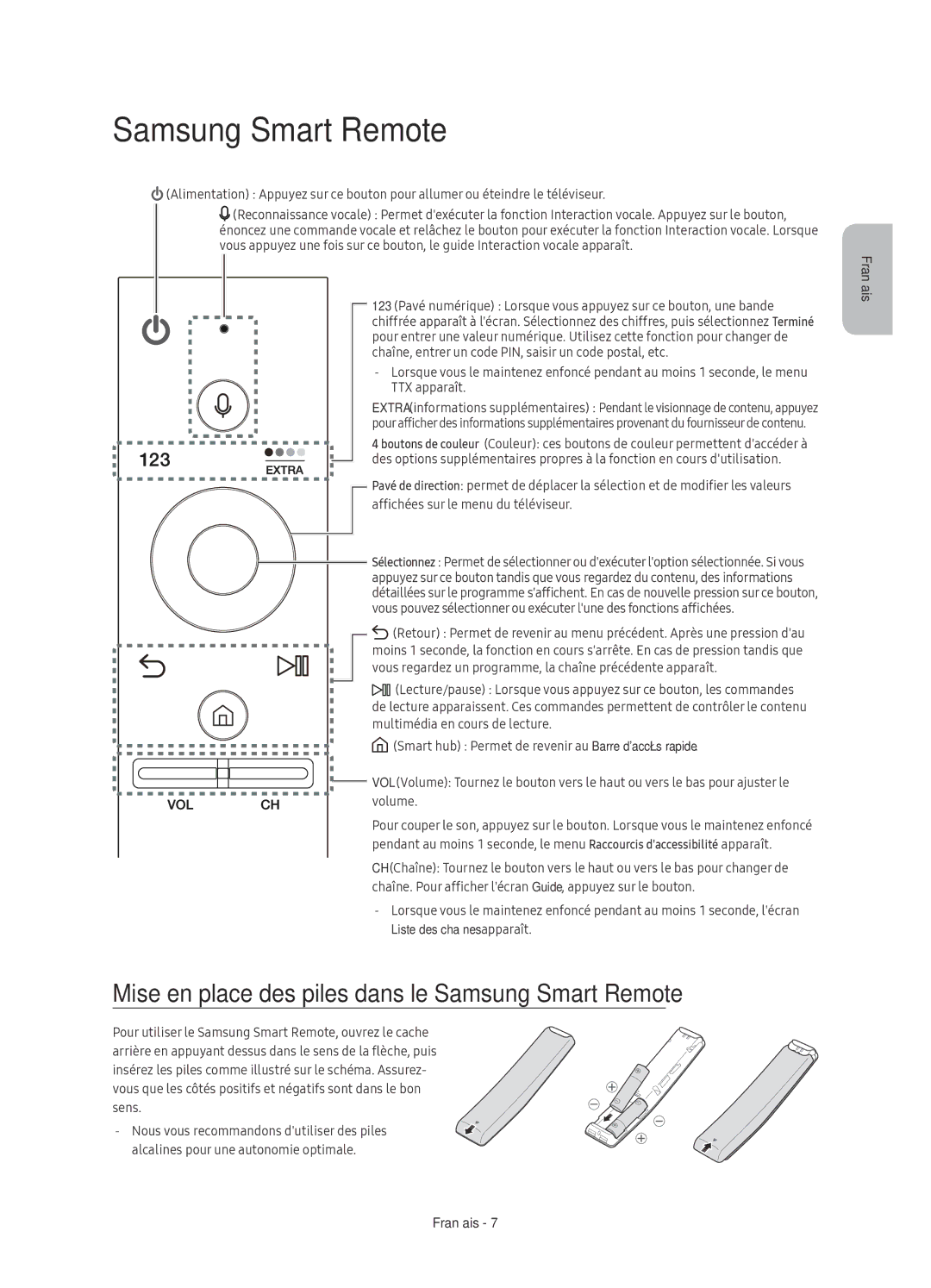 Samsung UE65KS9000TXXC, UE55KS9000TXXC, UE49KS9000TXXC manual Mise en place des piles dans le Samsung Smart Remote 