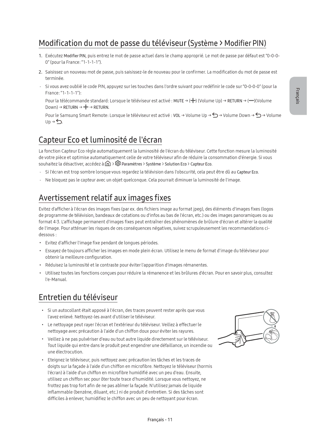 Samsung UE78KS9000TXZF, UE55KS9000TXXC manual Capteur Eco et luminosité de lécran, Avertissement relatif aux images fixes 