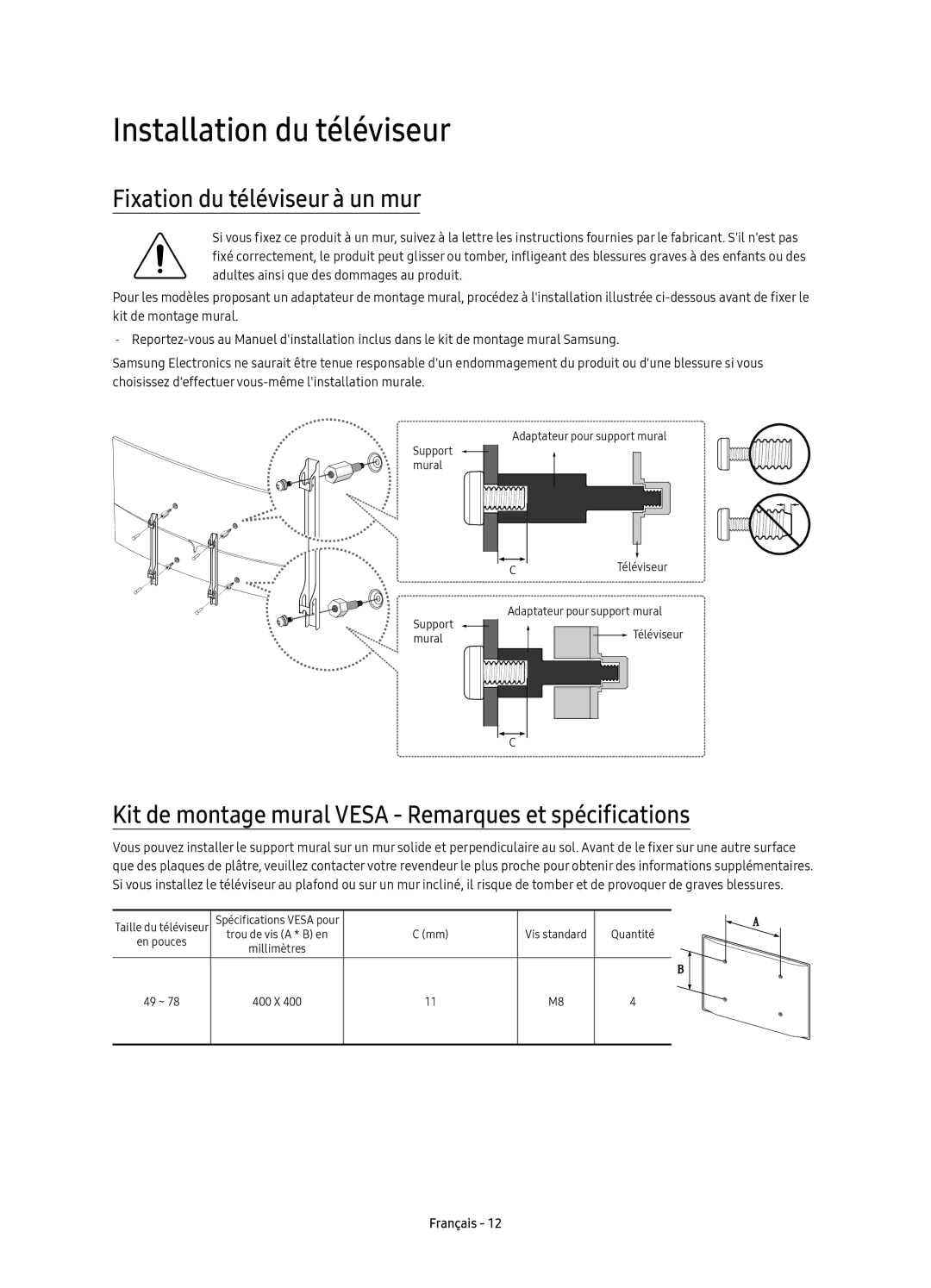 Samsung UE55KS9000TXXC, UE49KS9000TXXC, UE65KS9000TXXC manual Installation du téléviseur, Fixation du téléviseur à un mur 