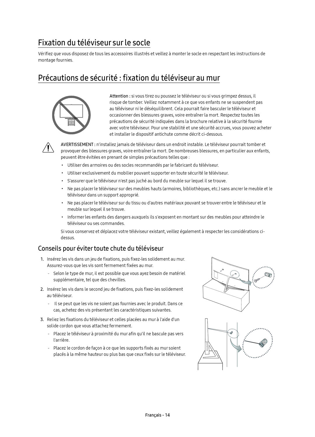 Samsung UE65KS9000TXXC manual Fixation du téléviseur sur le socle, Précautions de sécurité fixation du téléviseur au mur 