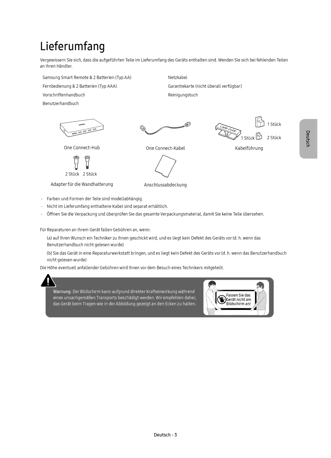 Samsung UE55KS9000TXXC, UE49KS9000TXXC, UE65KS9000TXXC, UE49KS9000TXZF manual Lieferumfang, Adapter für die Wandhalterung 