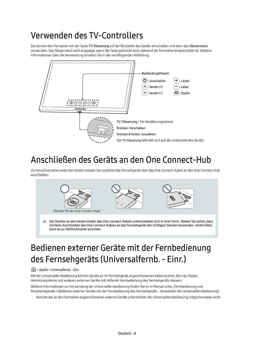 Samsung UE49KS9000TXXC, UE55KS9000TXXC manual Verwenden des TV-Controllers, Anschließen des Geräts an den One Connect-Hub 