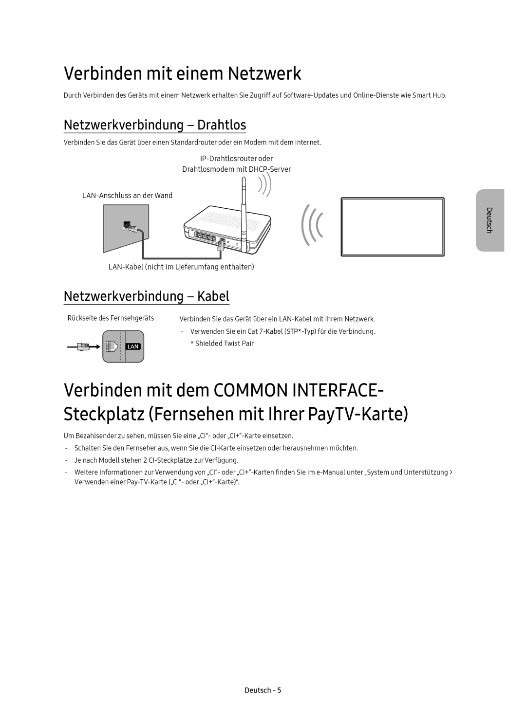 Samsung UE65KS9000TXXC, UE55KS9000TXXC Verbinden mit einem Netzwerk, Netzwerkverbindung Drahtlos, Netzwerkverbindung Kabel 