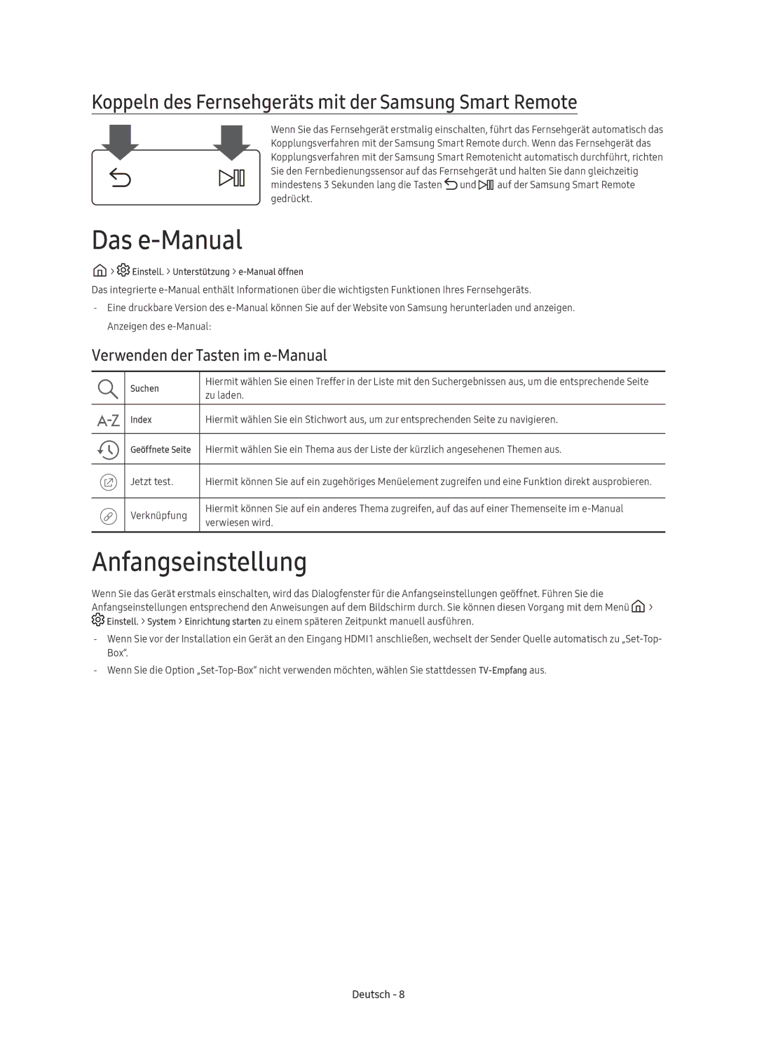 Samsung UE55KS9000TXZF manual Das e-Manual, Anfangseinstellung, Koppeln des Fernsehgeräts mit der Samsung Smart Remote 