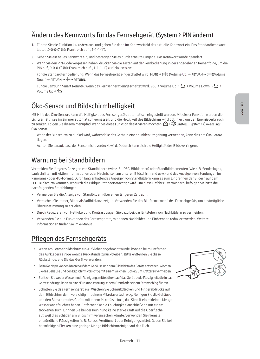 Samsung UE49KS9000TXXC manual Öko-Sensor und Bildschirmhelligkeit, Warnung bei Standbildern, Pflegen des Fernsehgeräts 