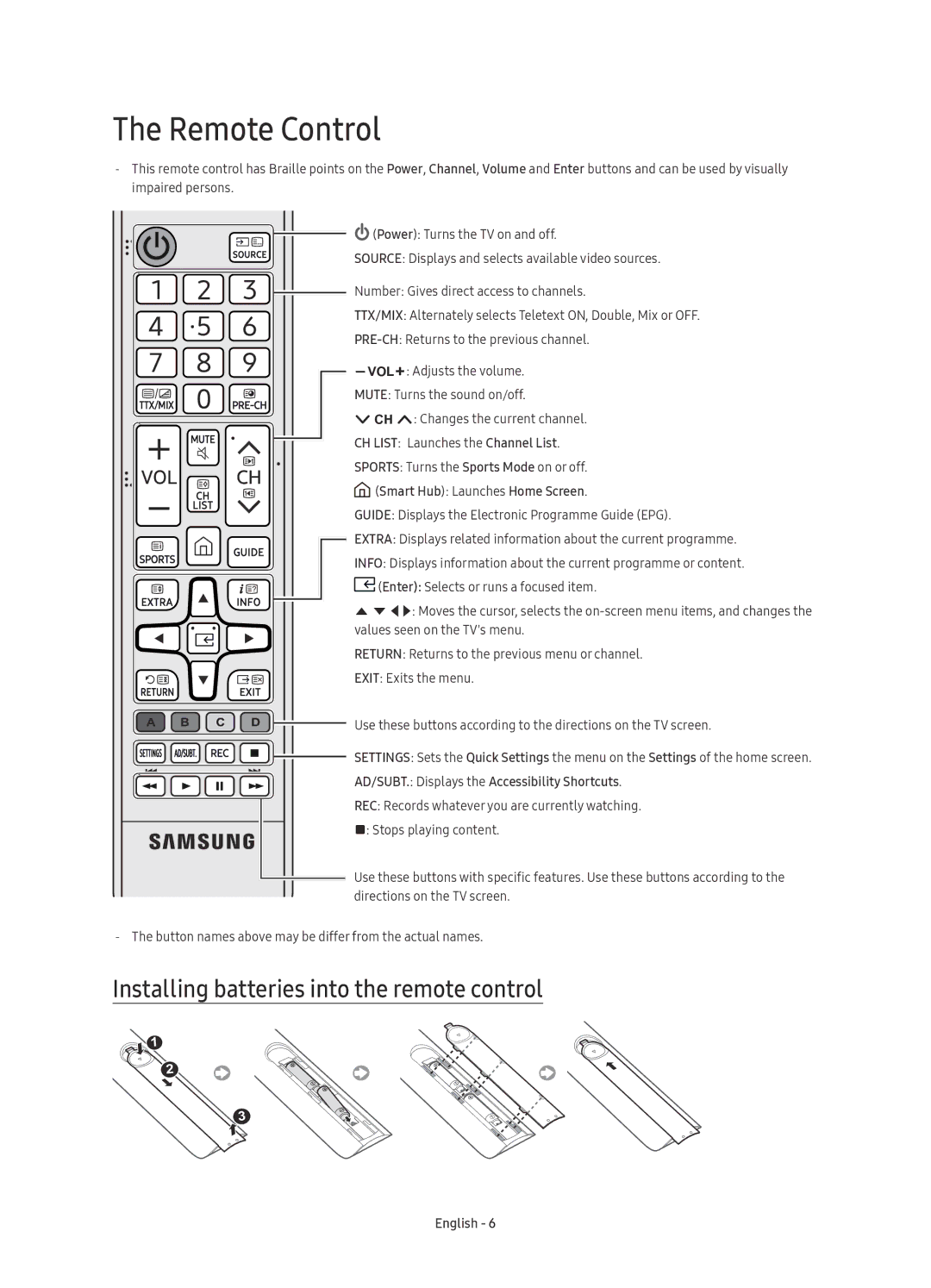 Samsung UE78KS9000TXZF, UE55KS9000TXXC, UE49KS9000TXXC manual Remote Control, Installing batteries into the remote control 