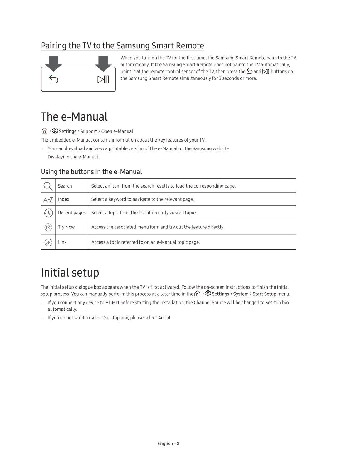 Samsung UE49KS9000TXXC, UE55KS9000TXXC, UE65KS9000TXXC E-Manual, Initial setup, Pairing the TV to the Samsung Smart Remote 