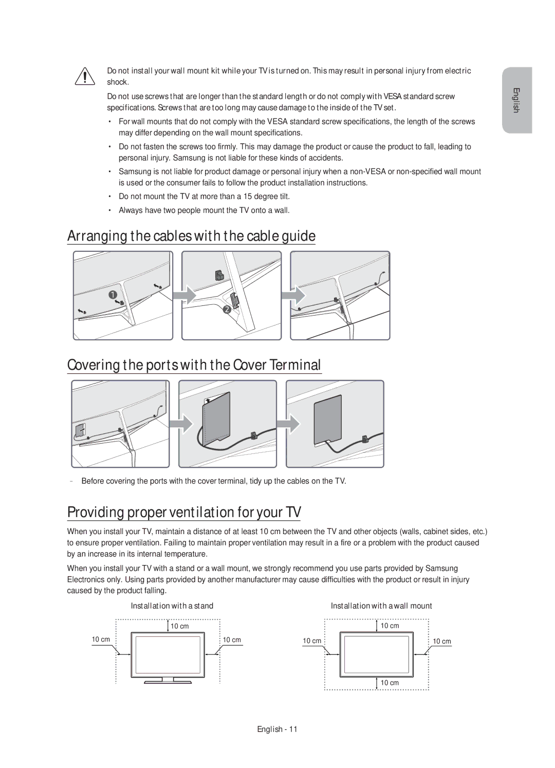 Samsung UE78KS9000TXXC, UE55KS9000TXXC, UE49KS9000TXXC, UE65KS9000TXXC manual Providing proper ventilation for your TV 