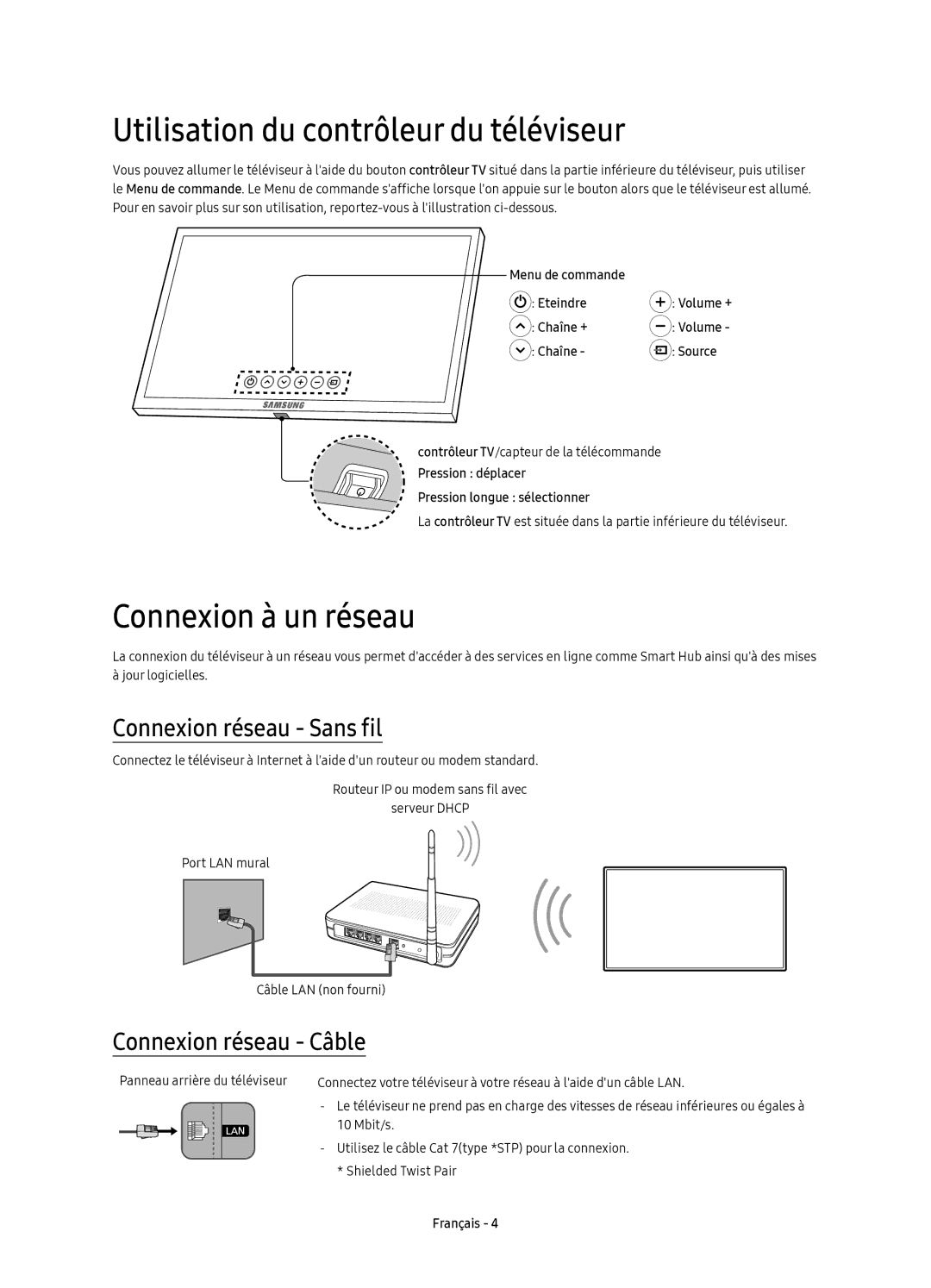 Samsung UE65KS9000TXXC manual Utilisation du contrôleur du téléviseur, Connexion à un réseau, Connexion réseau Sans fil 