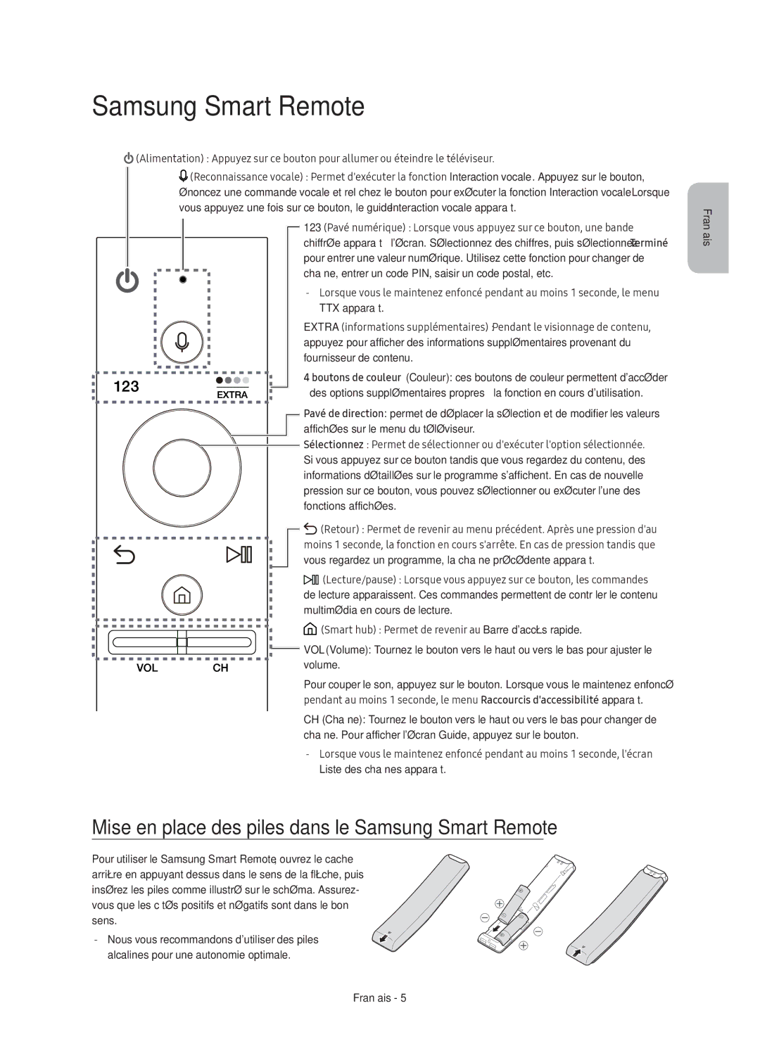 Samsung UE49KS9000TXZF, UE55KS9000TXXC, UE49KS9000TXXC manual Mise en place des piles dans le Samsung Smart Remote 