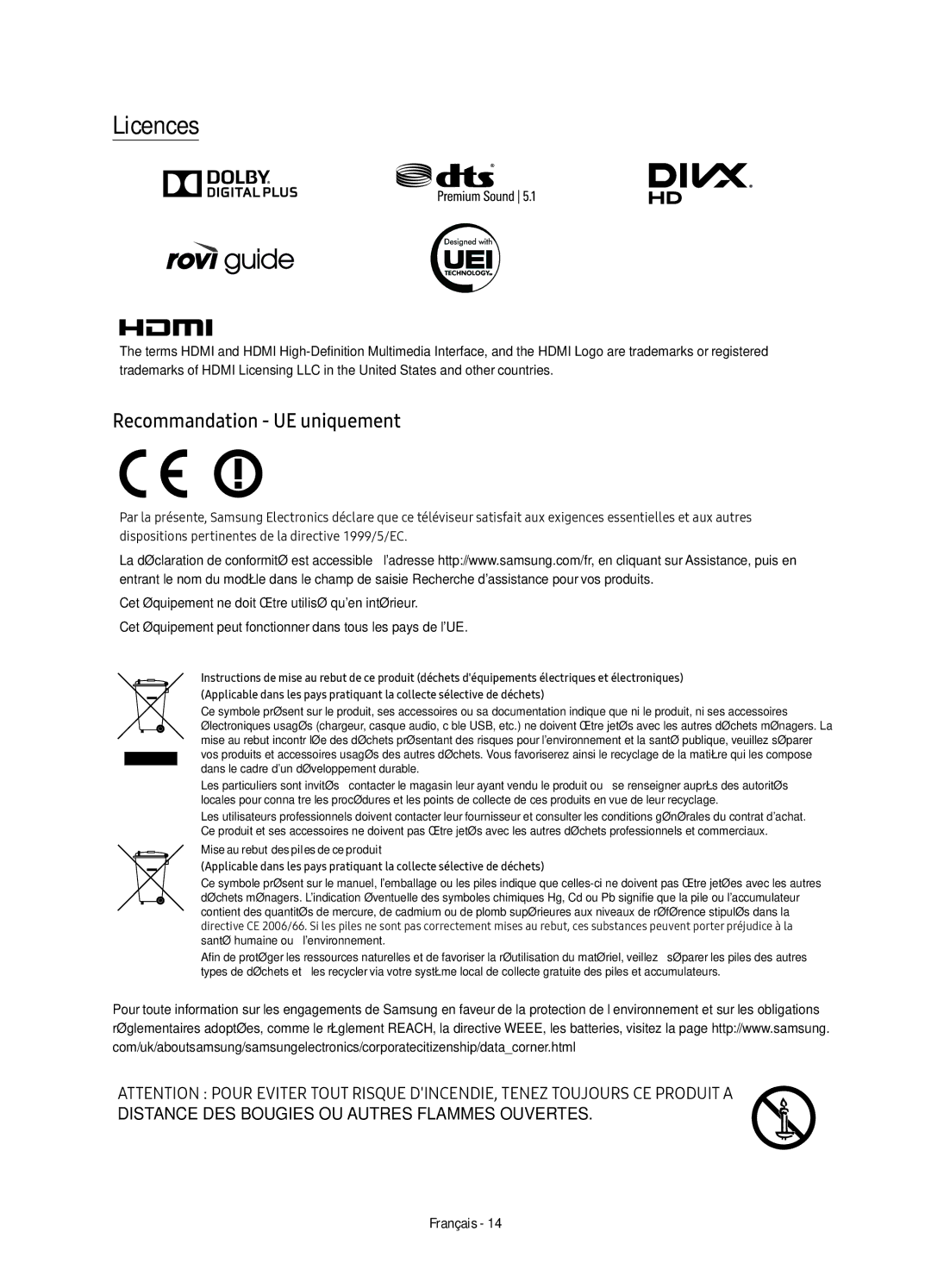 Samsung UE65KS9000TXXU, UE55KS9000TXXC, UE49KS9000TXXC, UE65KS9000TXXC, UE49KS9000TXZF Licences, Recommandation UE uniquement 