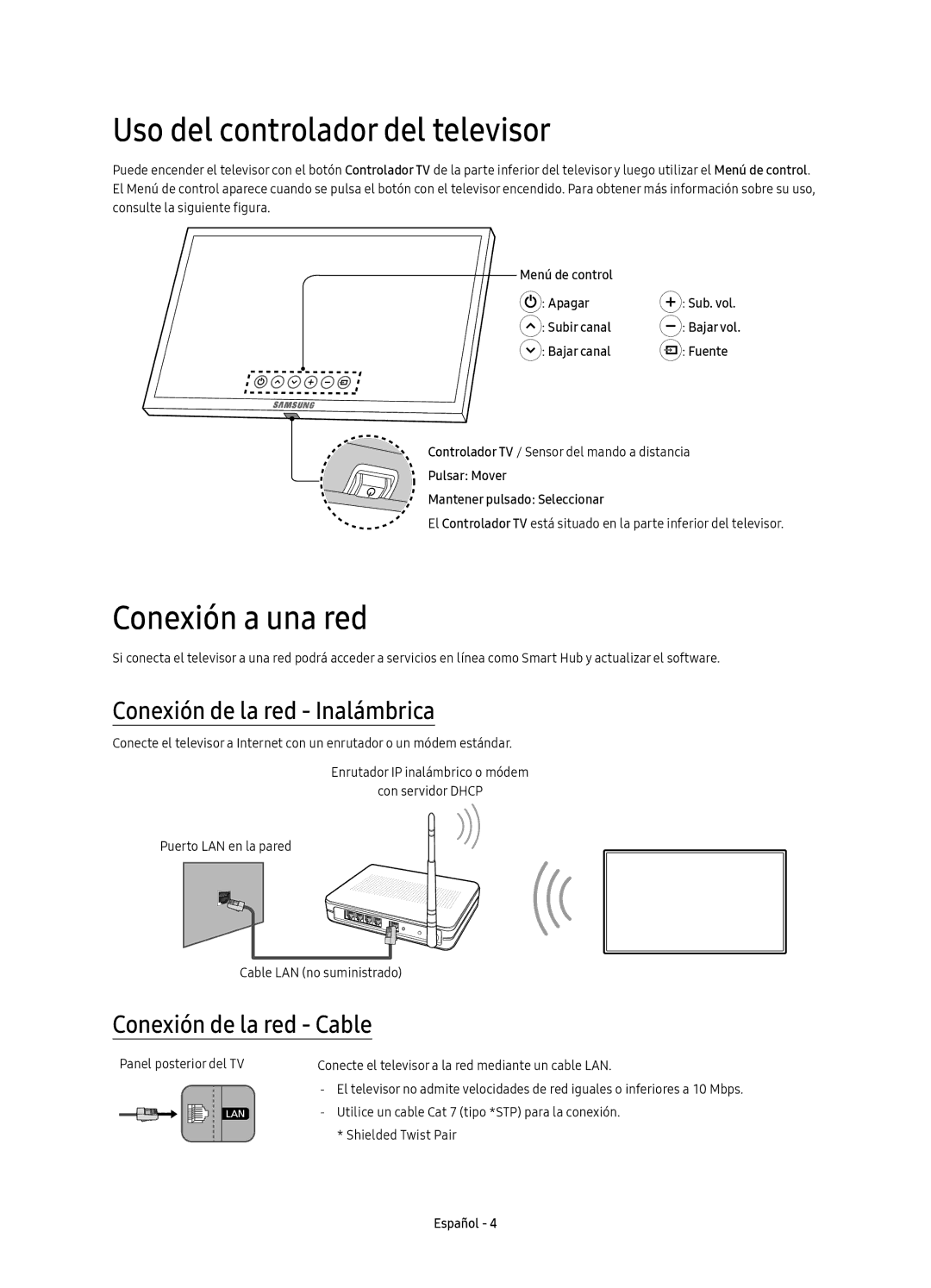 Samsung UE55KS9000TXXC manual Uso del controlador del televisor, Conexión a una red, Conexión de la red Inalámbrica 