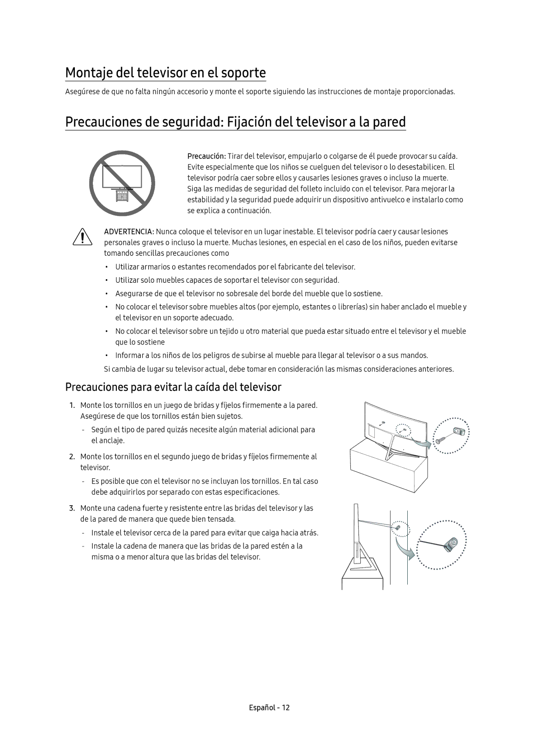 Samsung UE65KS9000TXZT Montaje del televisor en el soporte, Precauciones de seguridad Fijación del televisor a la pared 