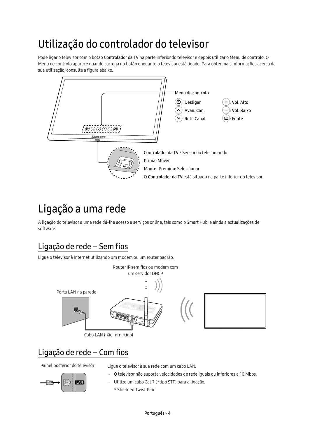 Samsung UE49KS9000TXXU manual Utilização do controlador do televisor, Ligação a uma rede, Ligação de rede Sem fios 