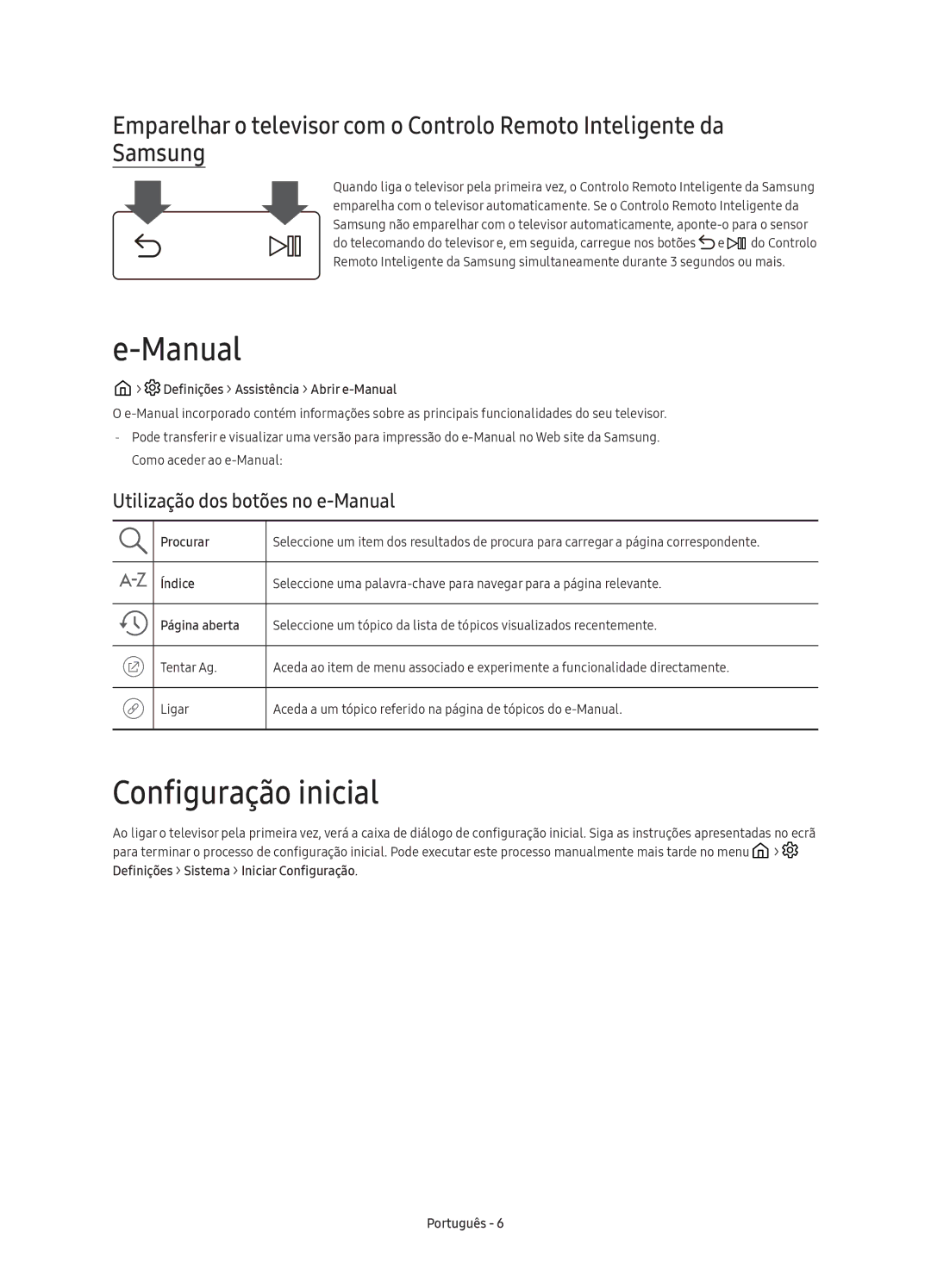 Samsung UE55KS9000TXXC, UE49KS9000TXXC, UE65KS9000TXXC manual Configuração inicial, Utilização dos botões no e-Manual 