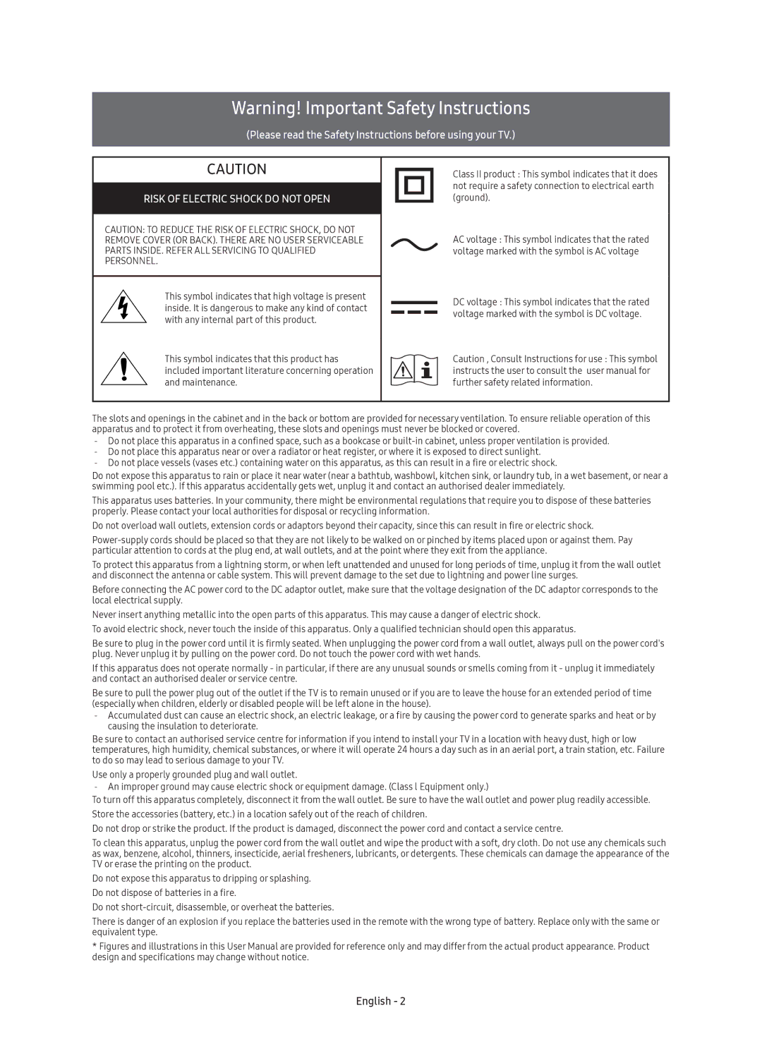 Samsung UE78KS9000UXRU, UE55KS9000UXRU, UE65KS9000UXRU, UE49KS9000UXRU manual Risk of Electric Shock do not Open 