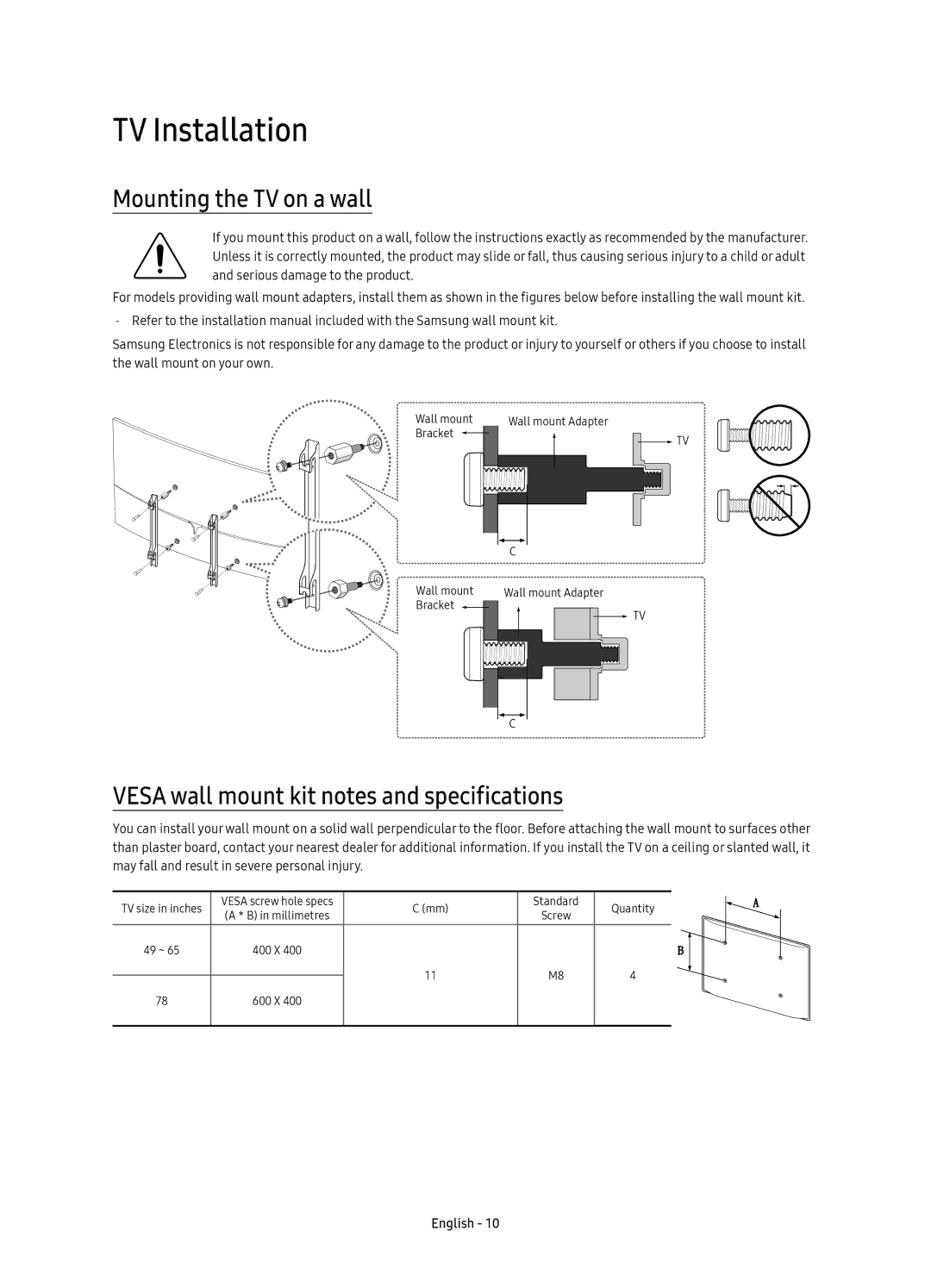 Samsung UE78KS9000UXRU manual TV Installation, Mounting the TV on a wall, Vesa wall mount kit notes and specifications 