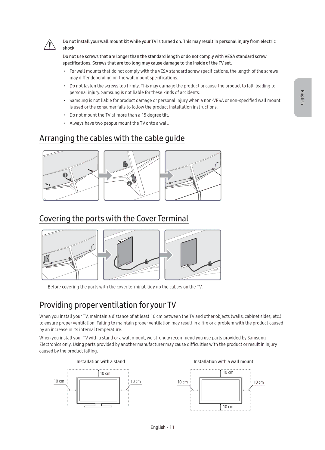 Samsung UE49KS9000UXRU, UE55KS9000UXRU, UE65KS9000UXRU, UE78KS9000UXRU manual Providing proper ventilation for your TV 