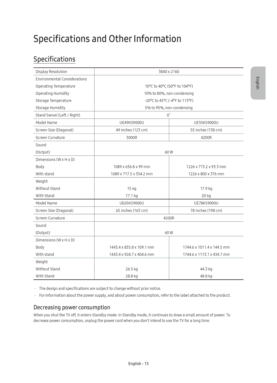 Samsung UE65KS9000UXRU, UE55KS9000UXRU, UE78KS9000UXRU Specifications and Other Information, Decreasing power consumption 