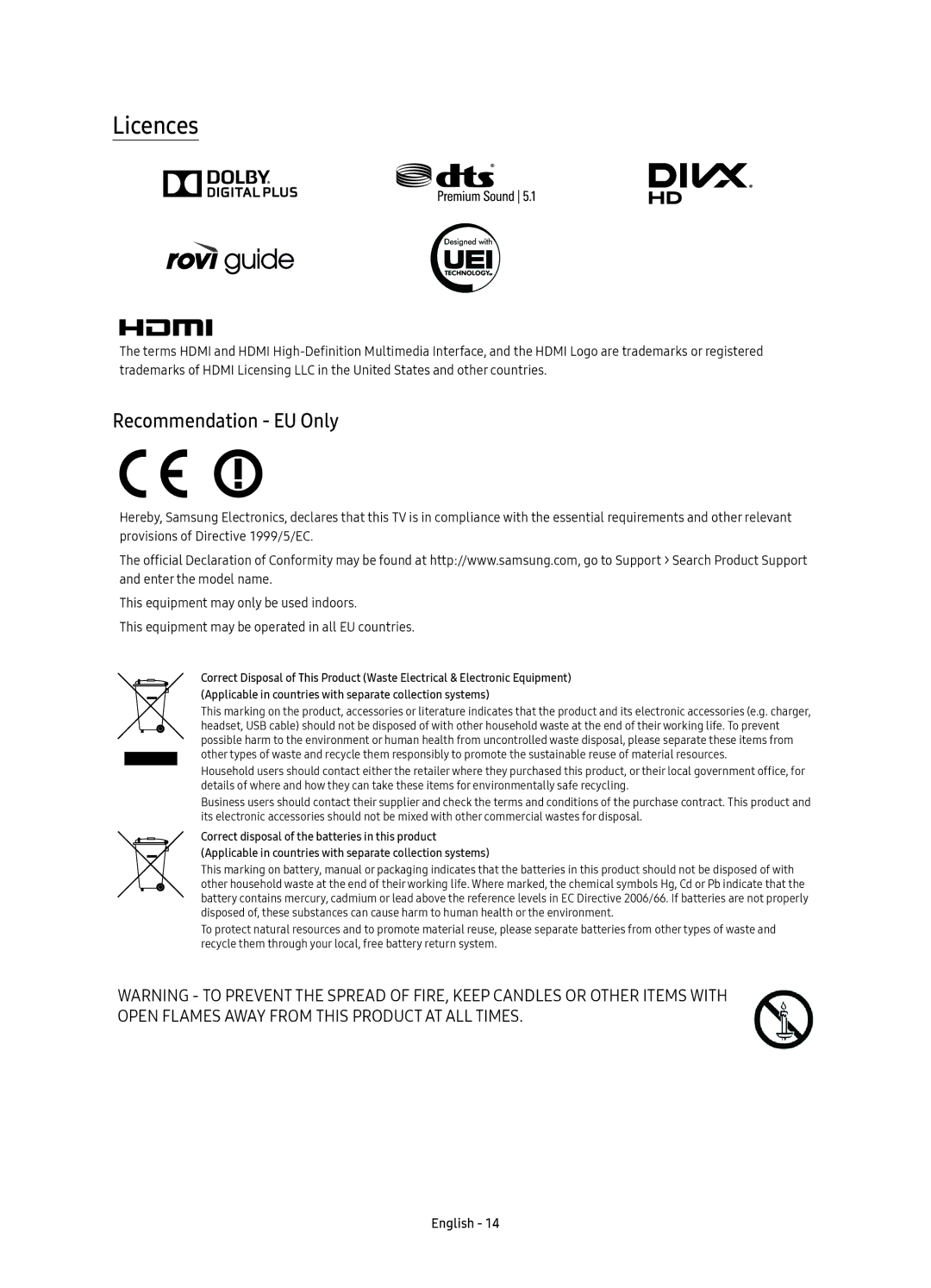 Samsung UE78KS9000UXRU, UE55KS9000UXRU, UE65KS9000UXRU, UE49KS9000UXRU manual Licences, Recommendation EU Only 