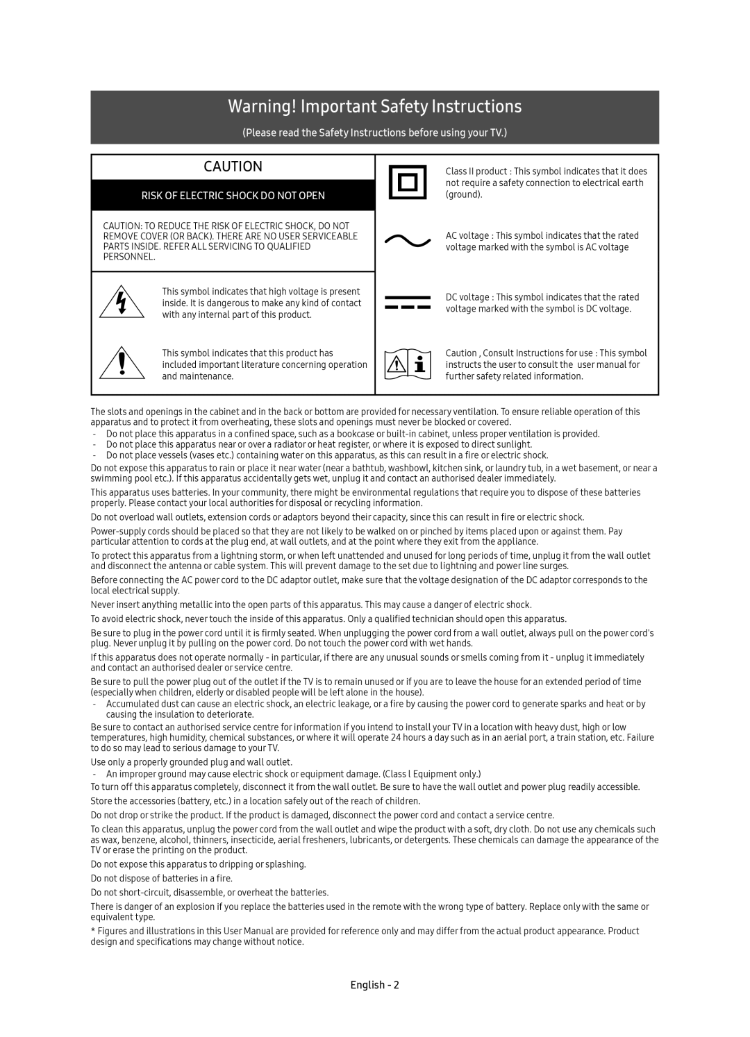 Samsung UE55KS9000UXRU, UE65KS9000UXRU manual Risk of Electric Shock do not Open 