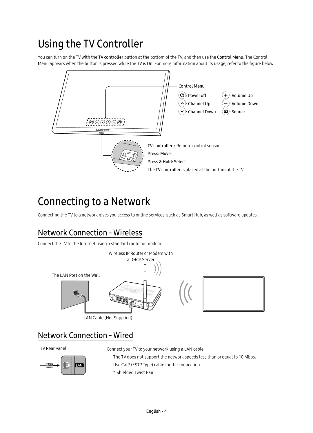 Samsung UE55KS9000UXRU, UE65KS9000UXRU manual Using the TV Controller, Connecting to a Network, Network Connection Wireless 