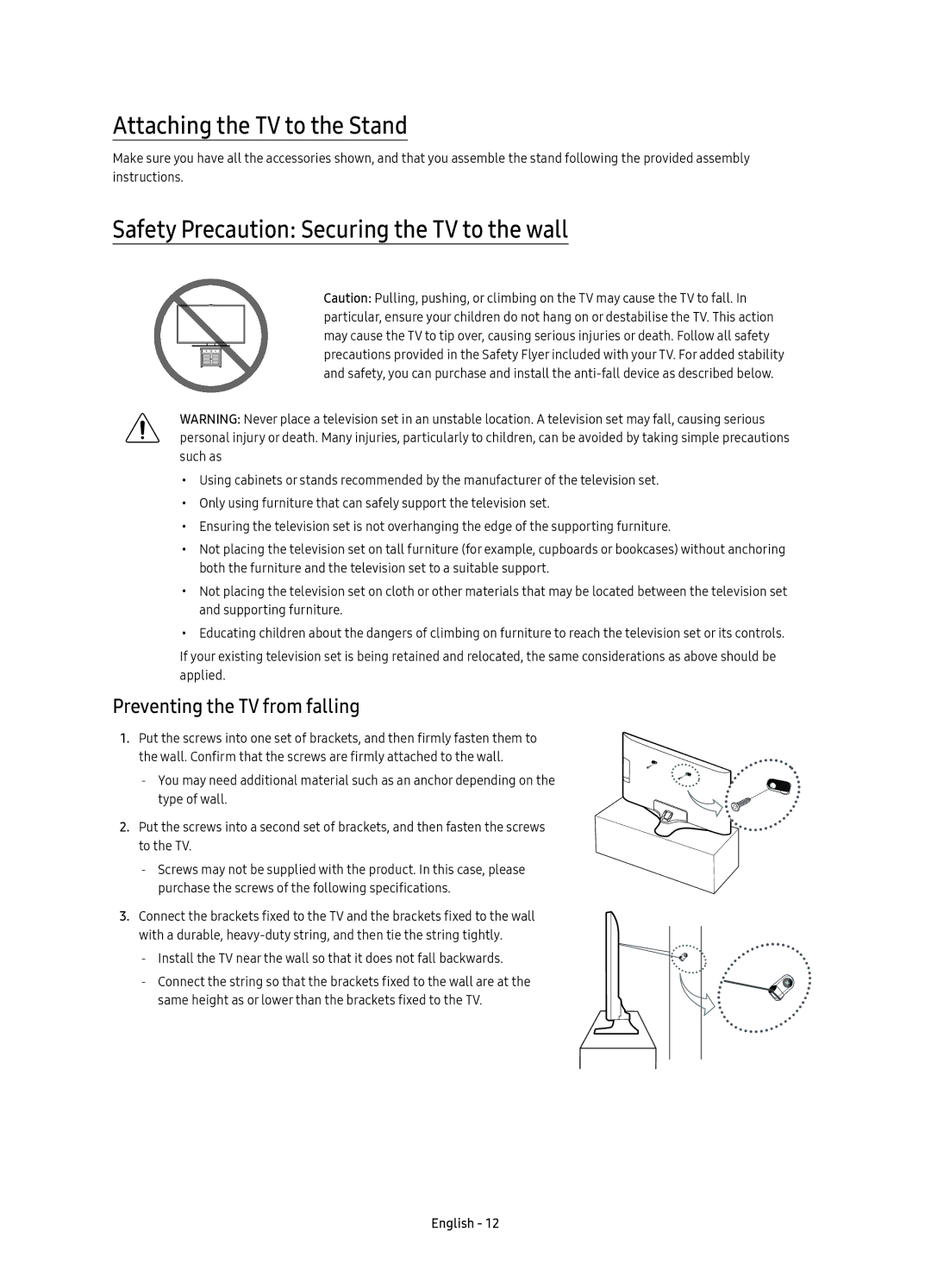 Samsung UE40KU6070UXZG, UE55KU6079UXZG manual Attaching the TV to the Stand, Safety Precaution Securing the TV to the wall 