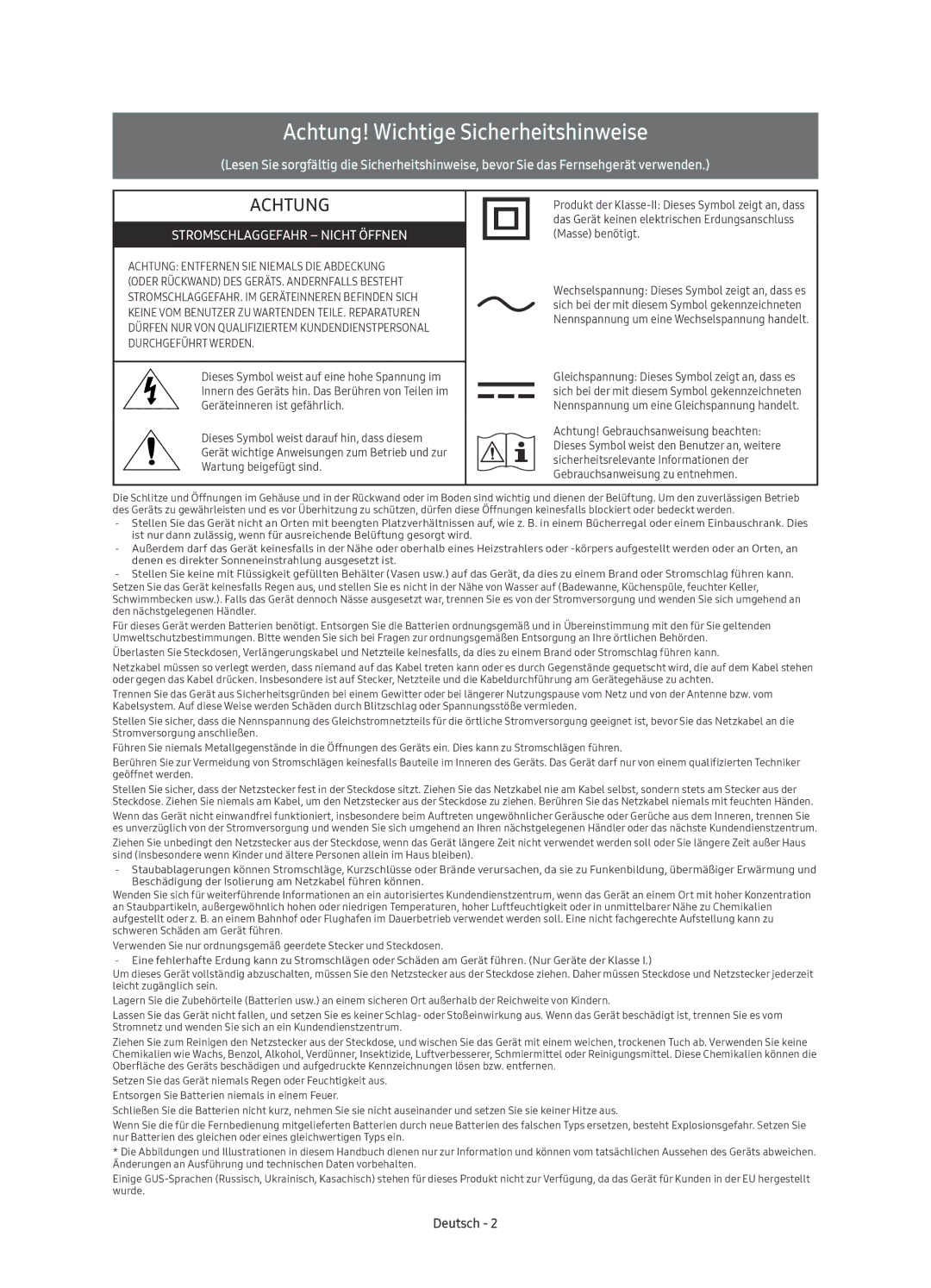 Samsung UE50KU6070UXZF, UE55KU6079UXZG, UE43KU6079UXZG, UE40KU6079UXZG manual Achtung! Wichtige Sicherheitshinweise, Deutsch 