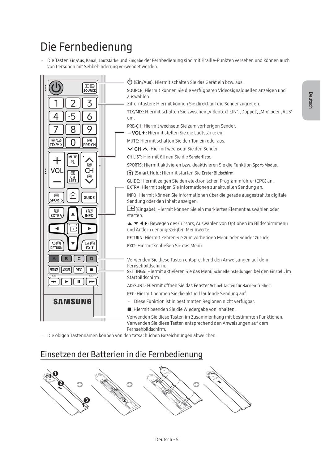 Samsung UE70KU6070UXZG, UE55KU6079UXZG Die Fernbedienung, Einsetzen der Batterien in die Fernbedienung, Startbildschirm 