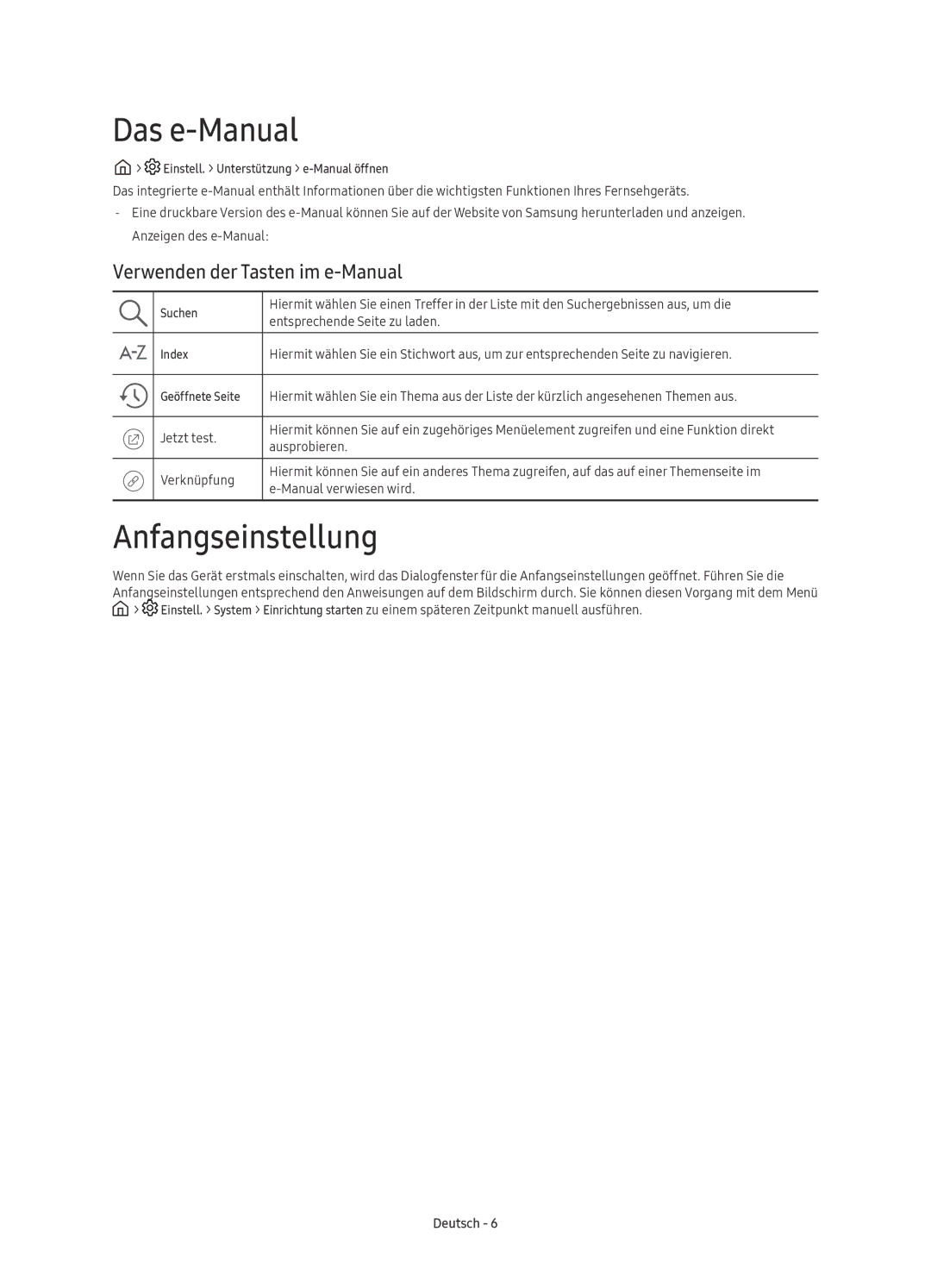 Samsung UE60KU6070UXZG Das e-Manual, Anfangseinstellung, Verwenden der Tasten im e-Manual, Entsprechende Seite zu laden 