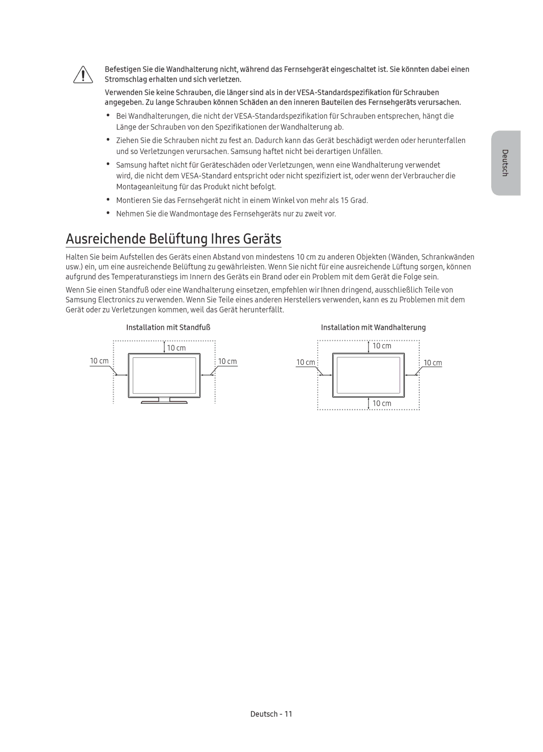 Samsung UE40KU6079UXZG, UE55KU6079UXZG manual Ausreichende Belüftung Ihres Geräts, Installation mit Standfuß, 10 cm 