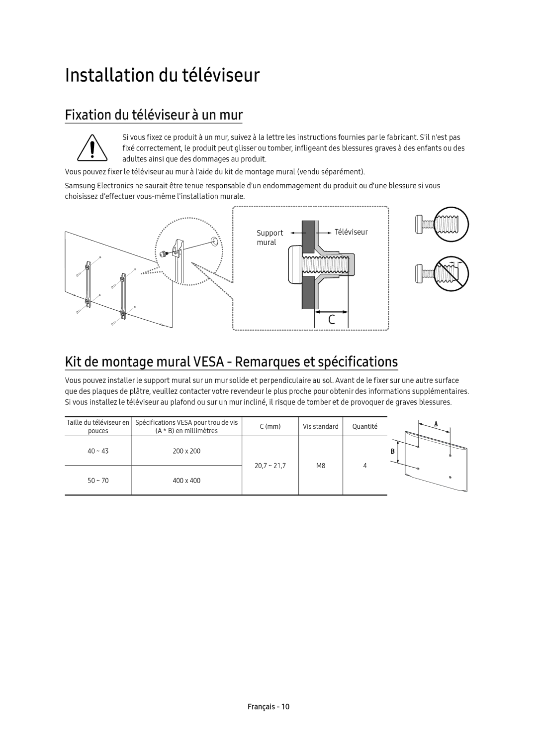 Samsung UE55KU6070UXZF, UE55KU6079UXZG, UE43KU6079UXZG manual Installation du téléviseur, Fixation du téléviseur à un mur 